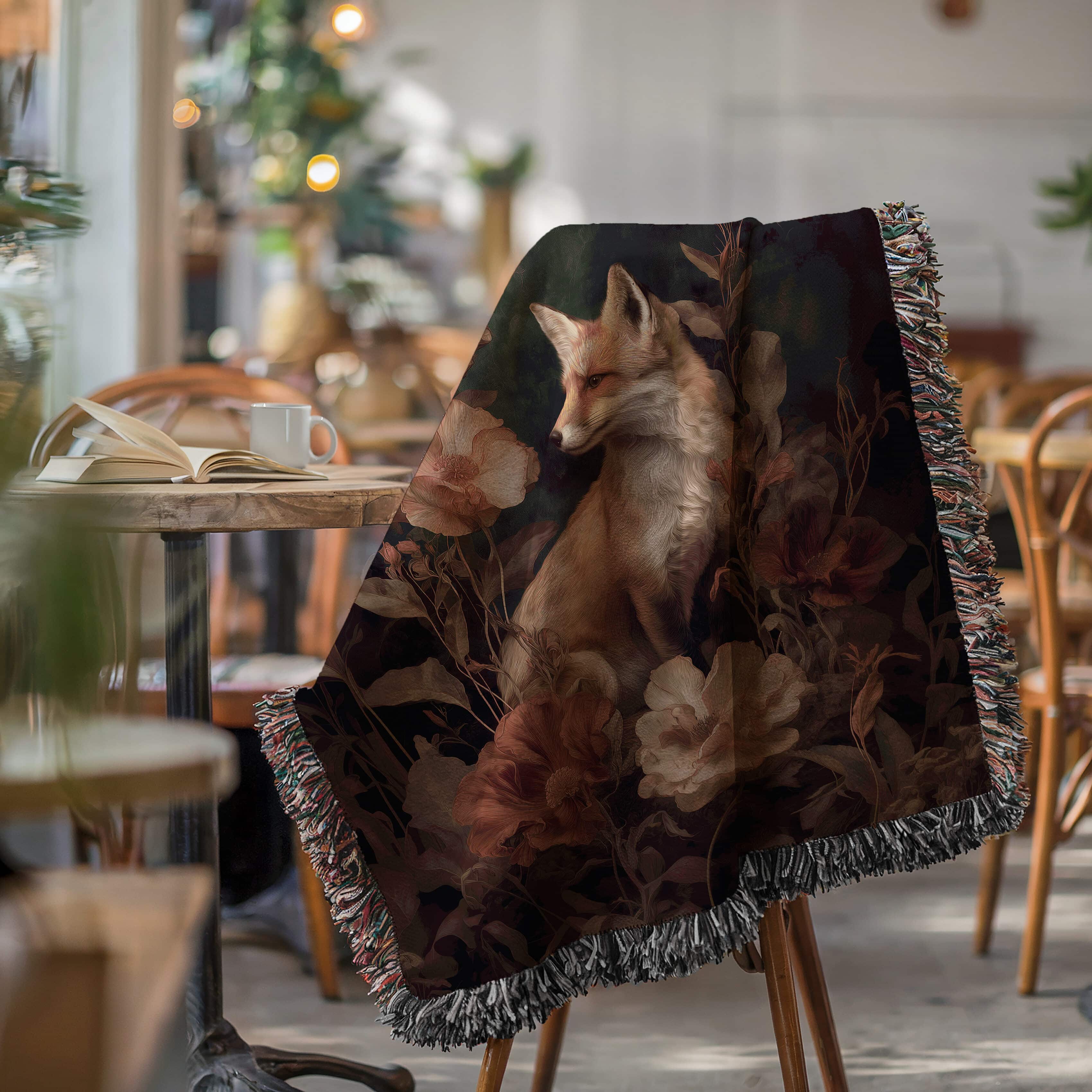 Romantic Castlecore Fox and Florals Woven Blanket, Dark Academia Jacquard Throw, Victorian Cottagecore Woodland Aesthetic in 100% Cotton - photo #7