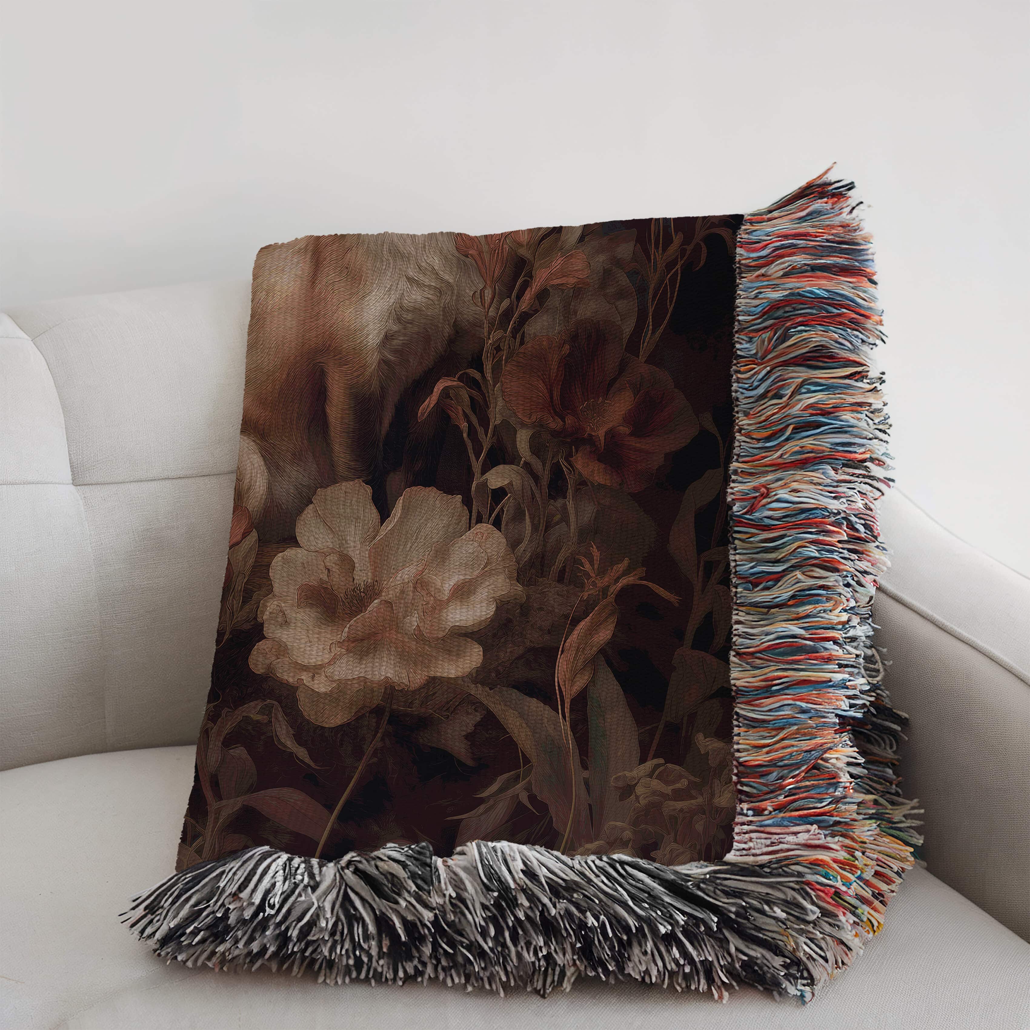 Romantic Castlecore Fox and Florals Woven Blanket, Dark Academia Jacquard Throw, Victorian Cottagecore Woodland Aesthetic in 100% Cotton - photo #3