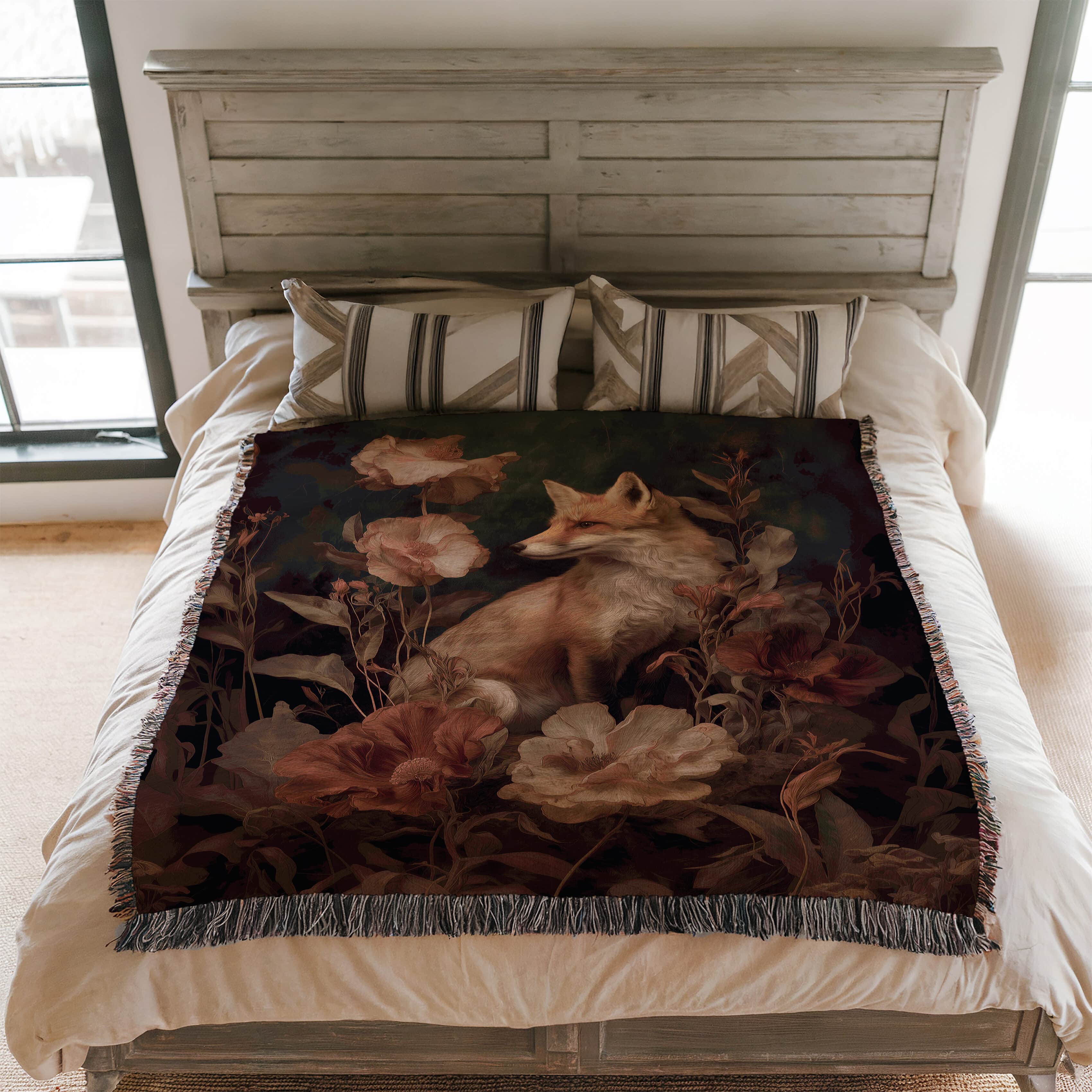 Romantic Castlecore Fox and Florals Woven Blanket, Dark Academia Jacquard Throw, Victorian Cottagecore Woodland Aesthetic in 100% Cotton - photo #2