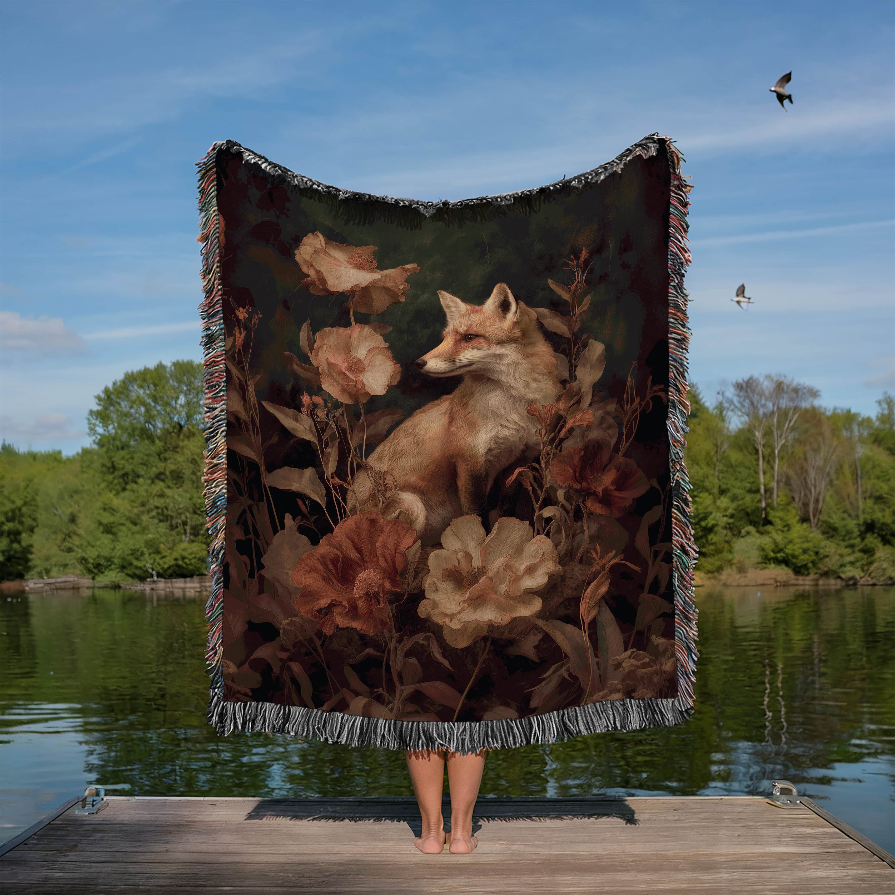 Romantic Castlecore Fox and Florals Woven Blanket, Dark Academia Jacquard Throw, Victorian Cottagecore Woodland Aesthetic in 100% Cotton - photo #4