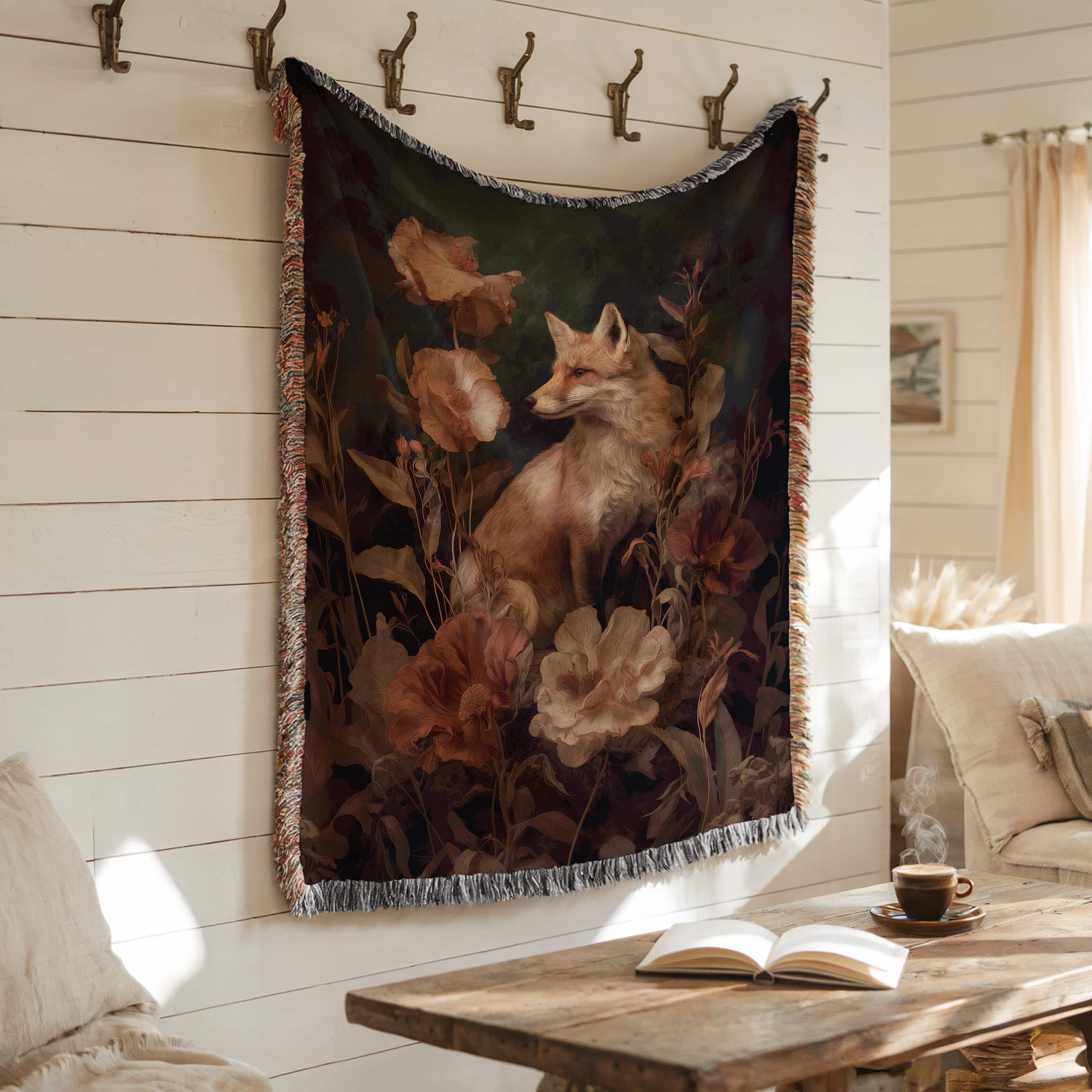Romantic Castlecore Fox and Florals Woven Blanket, Dark Academia Jacquard Throw, Victorian Cottagecore Woodland Aesthetic in 100% Cotton - photo #6
