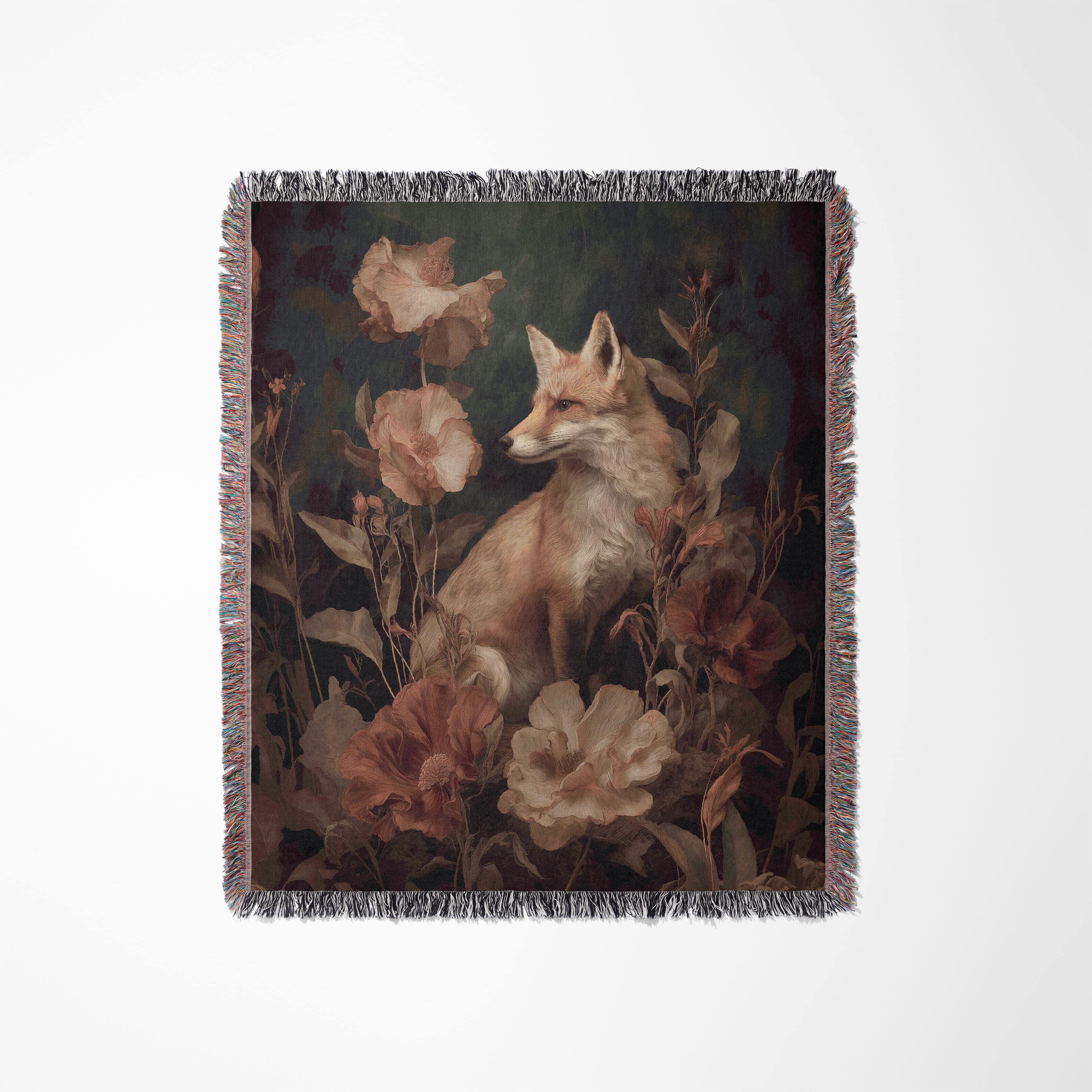 Romantic Castlecore Fox and Florals Woven Blanket, Dark Academia Jacquard Throw, Victorian Cottagecore Woodland Aesthetic in 100% Cotton - photo #1