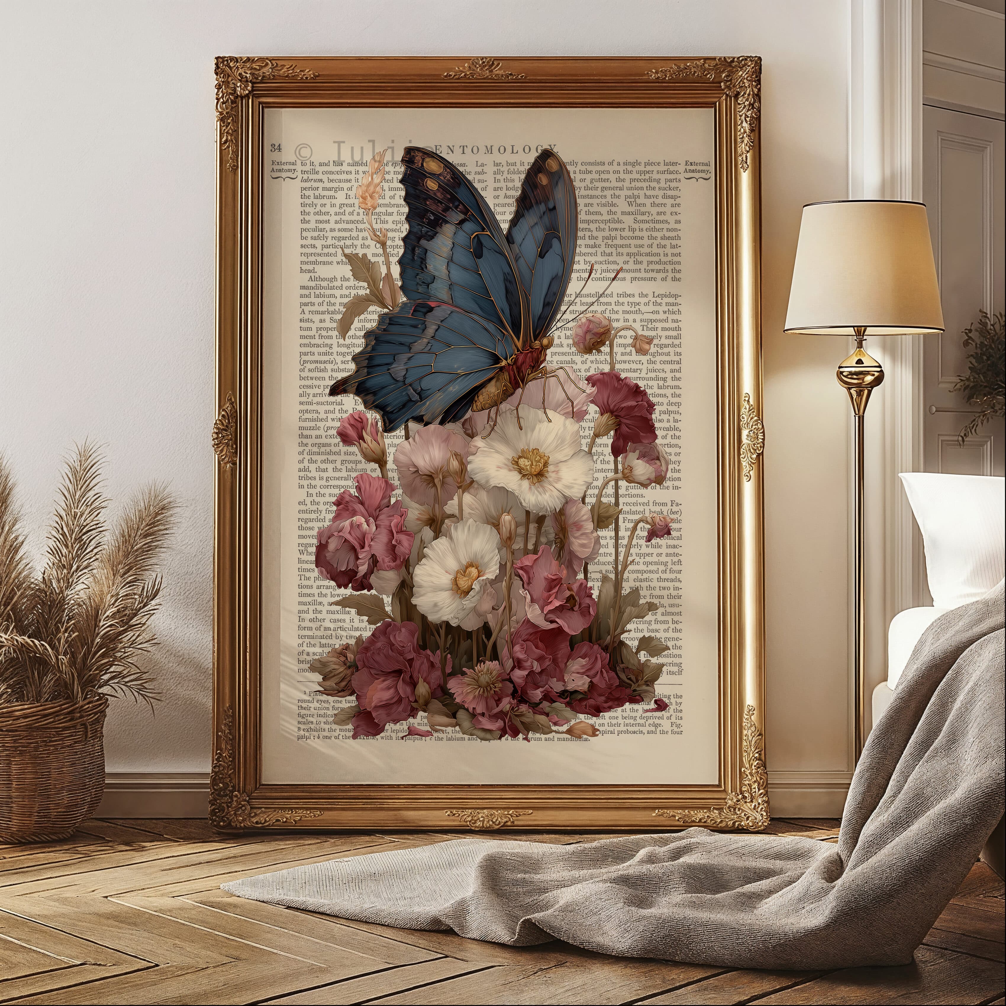 Romantic Butterfly Poster, Vintage Gothic Blue Moth on Flowers Wall Art - photo #6