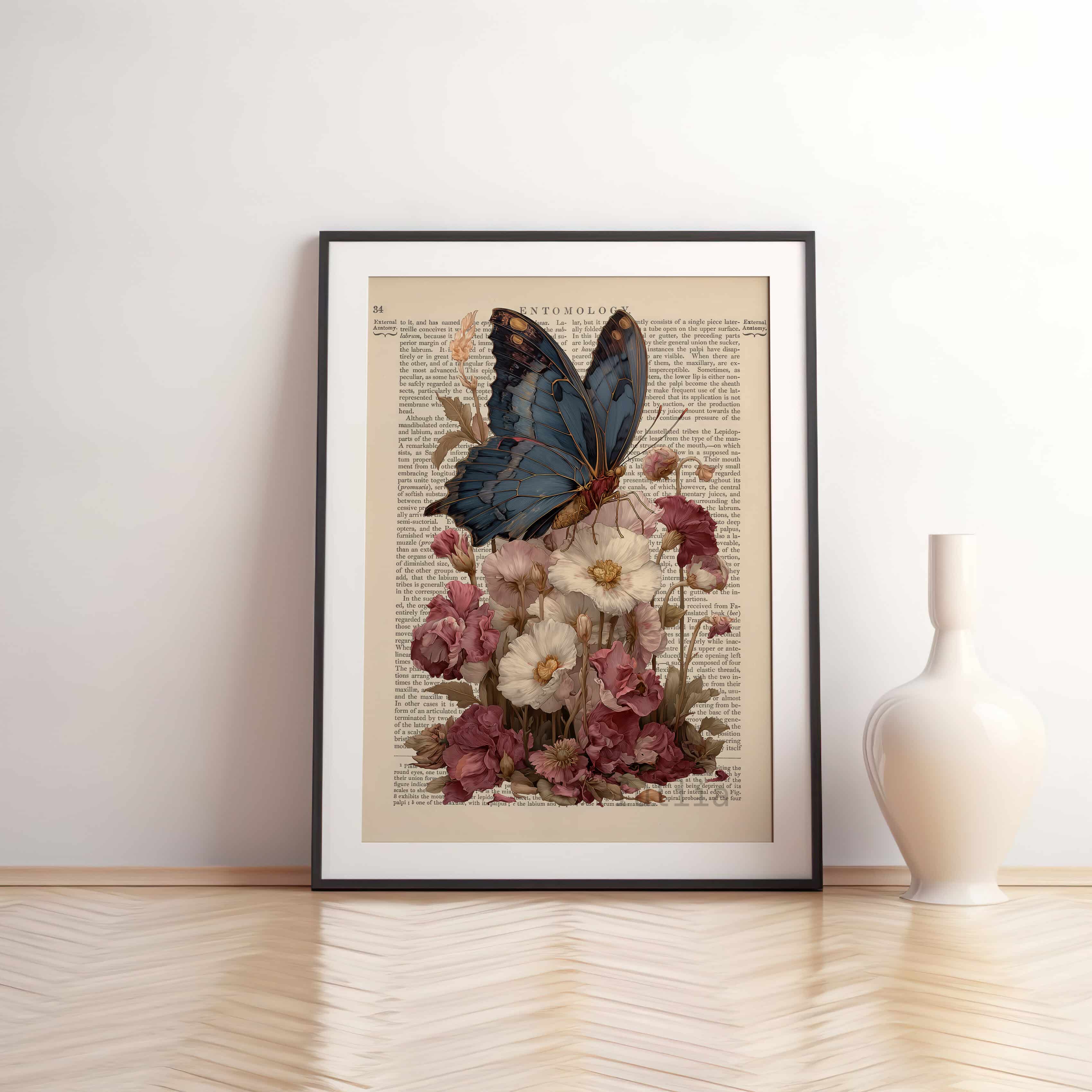 Romantic Butterfly Poster, Vintage Gothic Blue Moth on Flowers Wall Art - photo #5