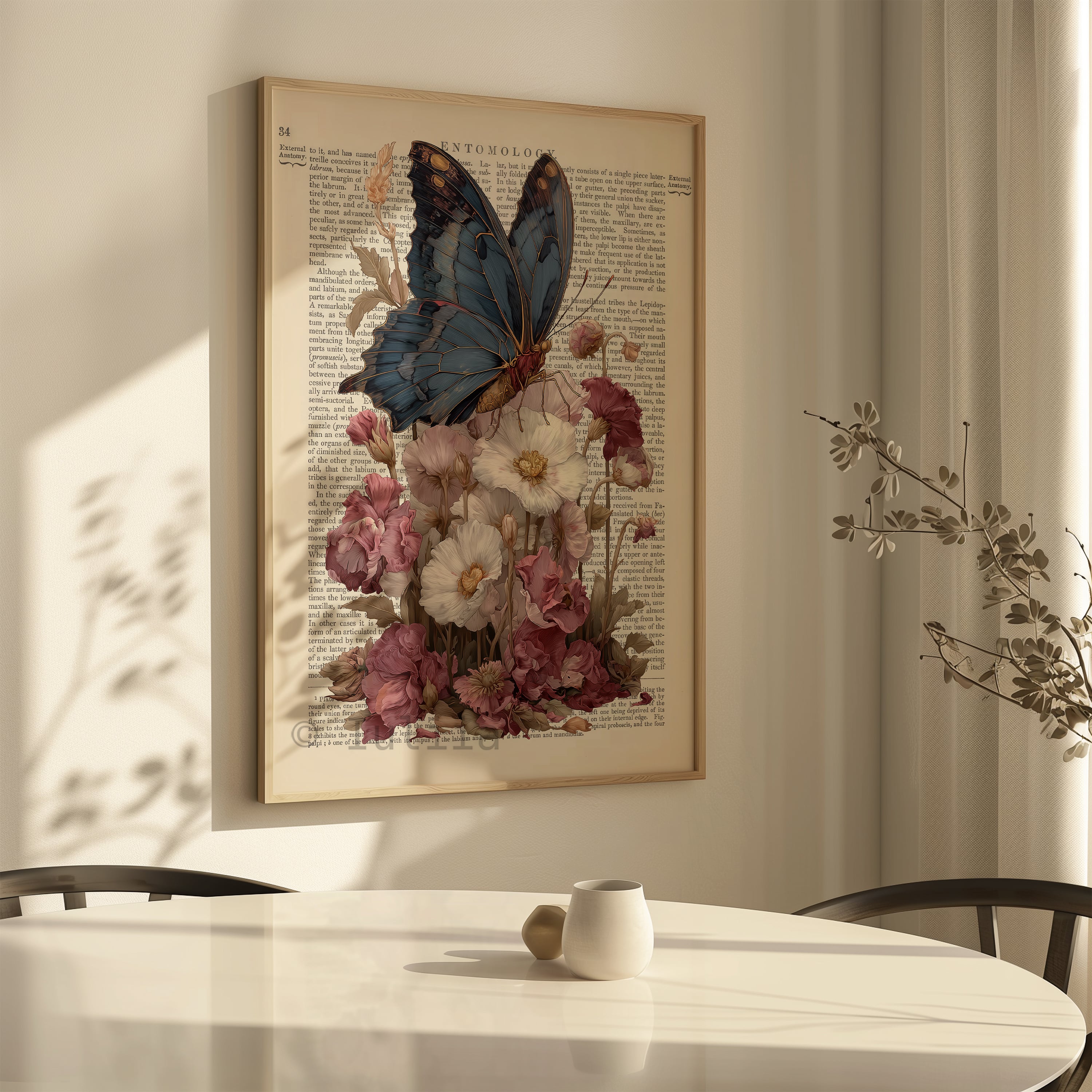 Romantic Butterfly Poster, Vintage Gothic Blue Moth on Flowers Wall Art - photo #7