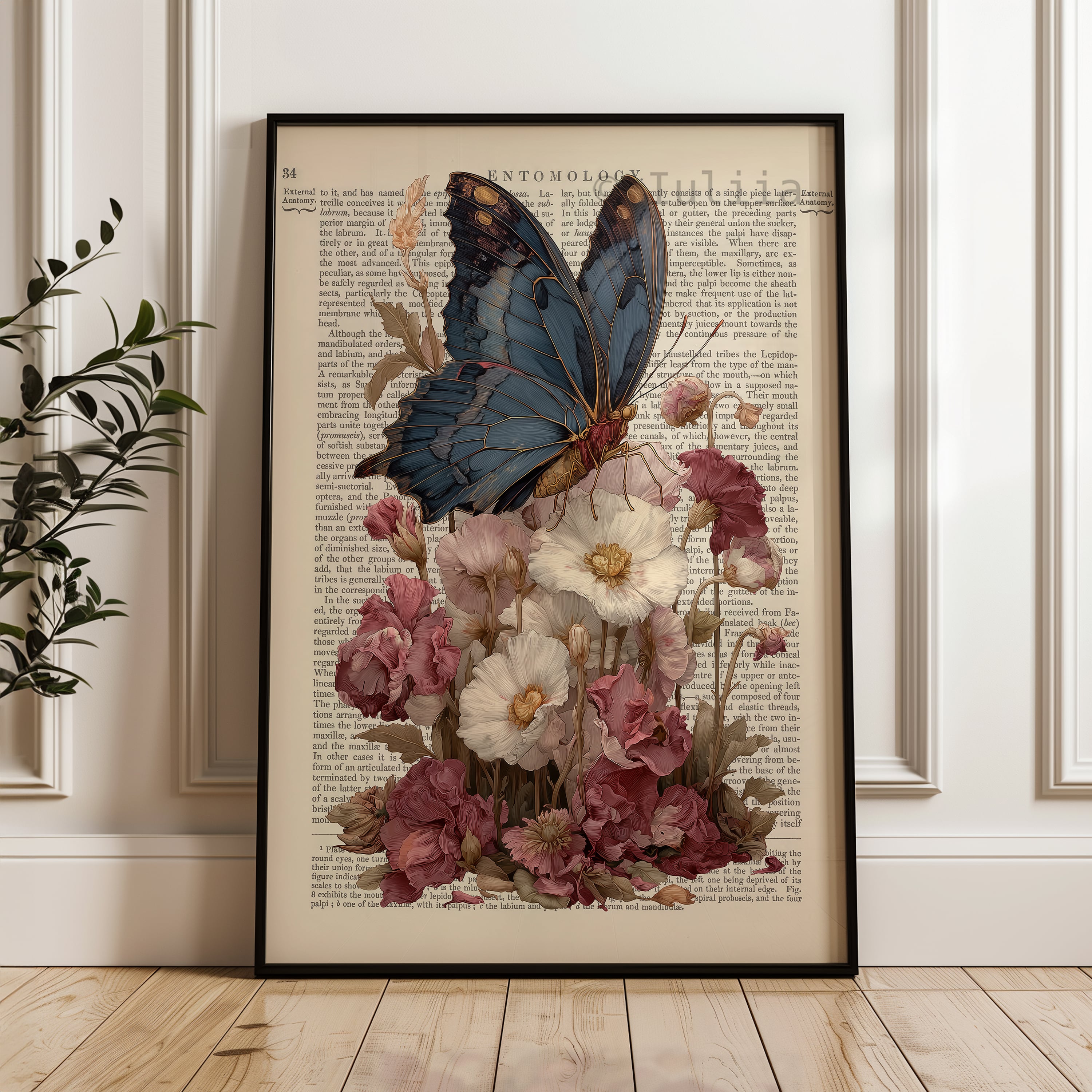 Romantic Butterfly Poster, Vintage Gothic Blue Moth on Flowers Wall Art - photo #8