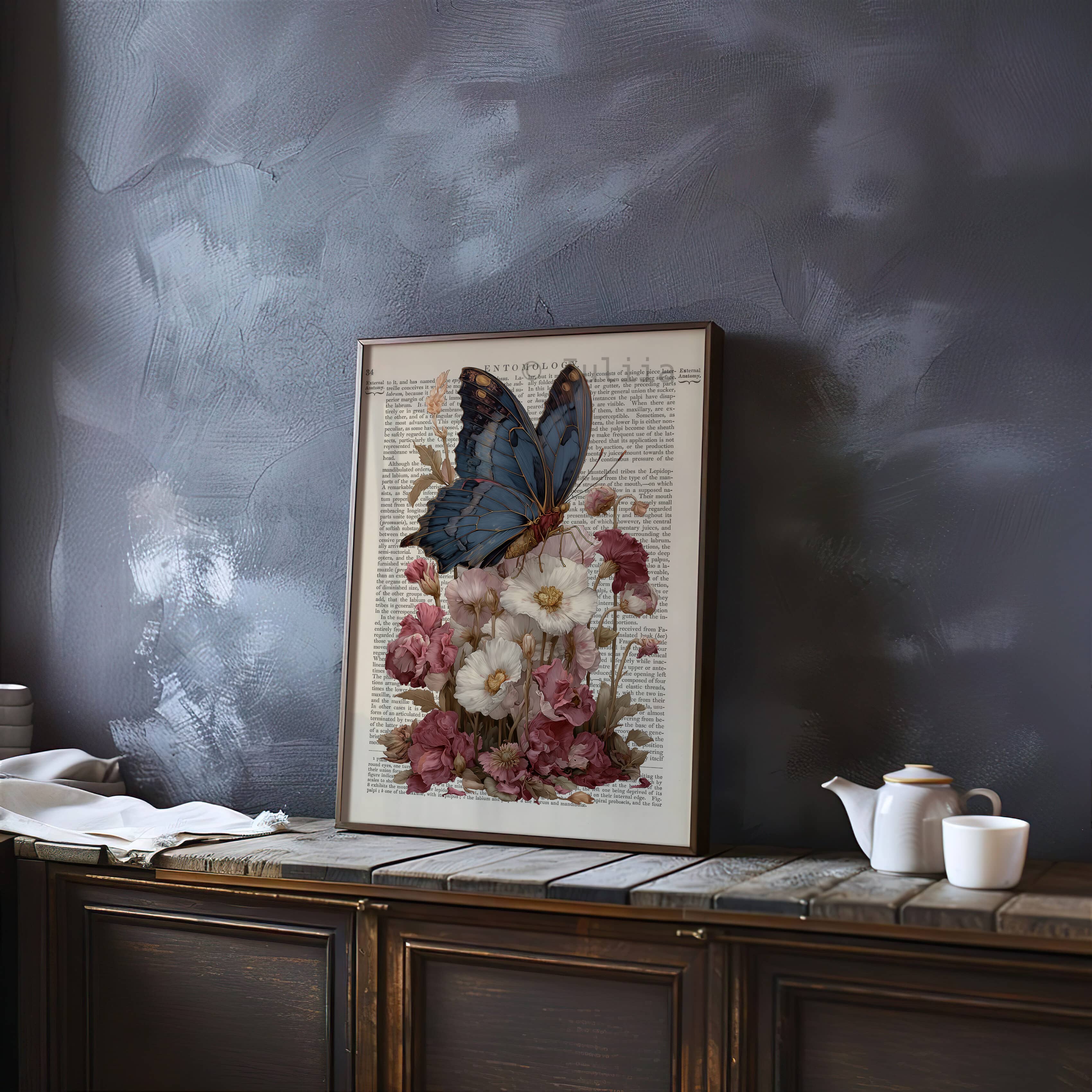 Romantic Butterfly Poster, Vintage Gothic Blue Moth on Flowers Wall Art - photo #3