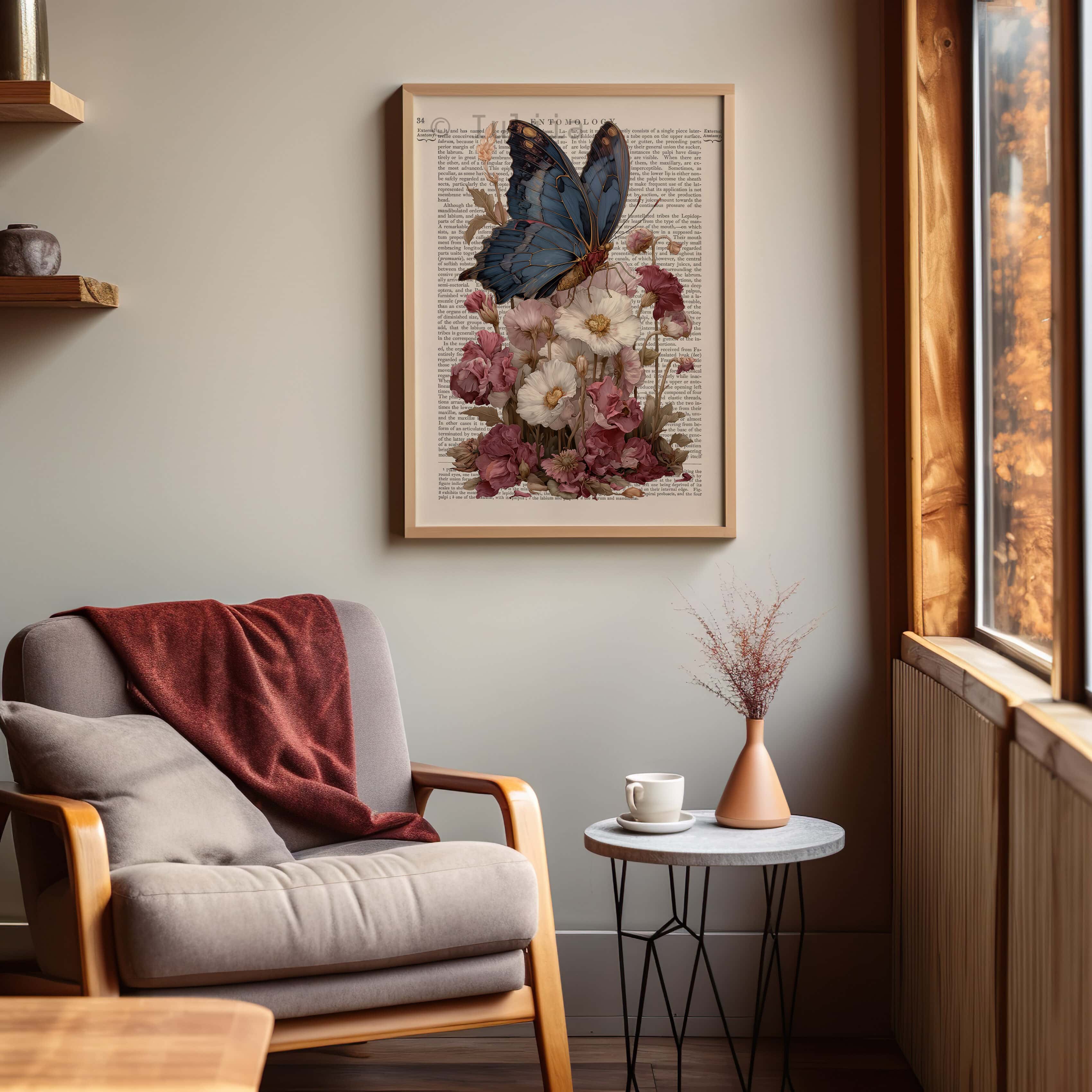 Romantic Butterfly Poster, Vintage Gothic Blue Moth on Flowers Wall Art - photo #4