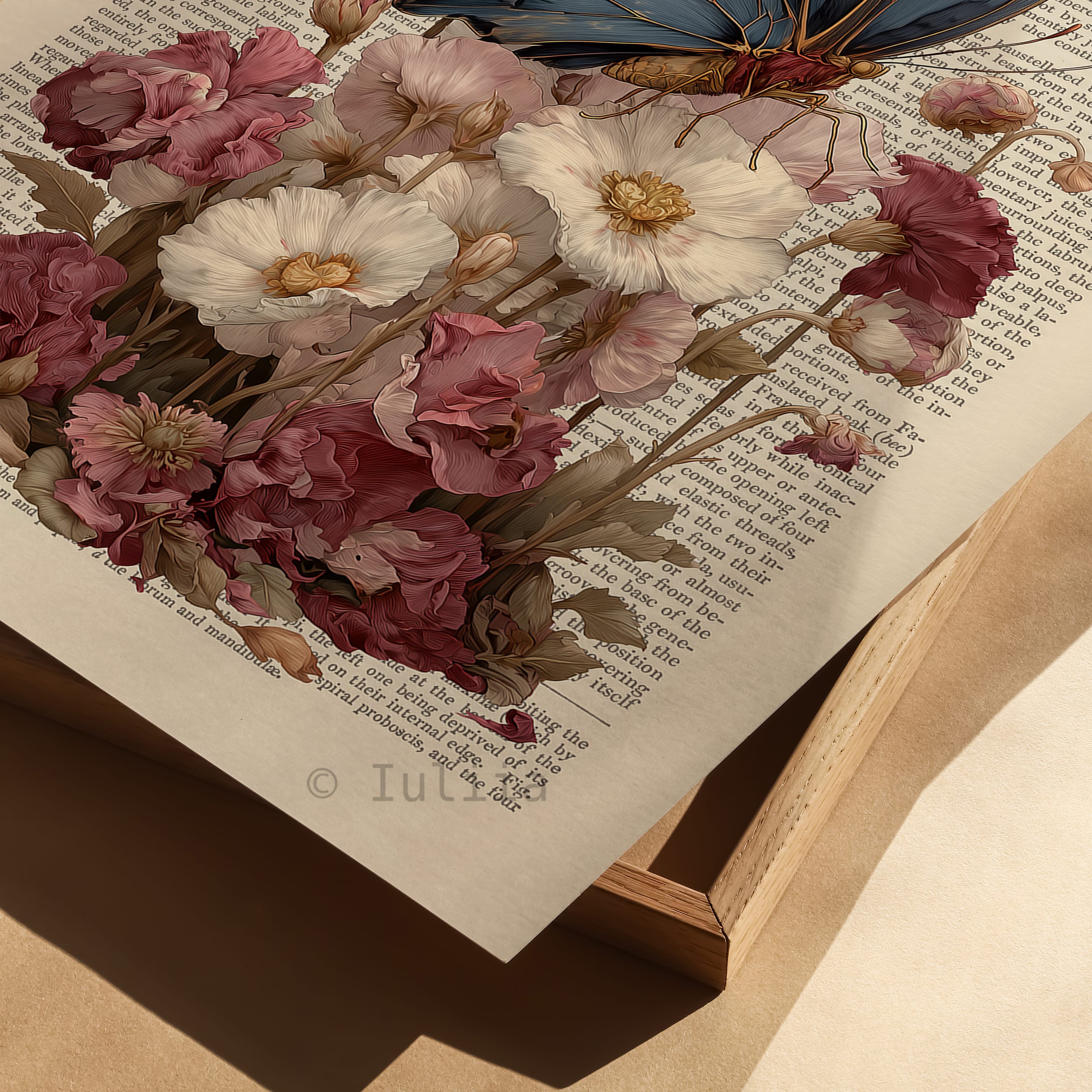 Romantic Butterfly Poster, Vintage Gothic Blue Moth on Flowers Wall Art - photo #1