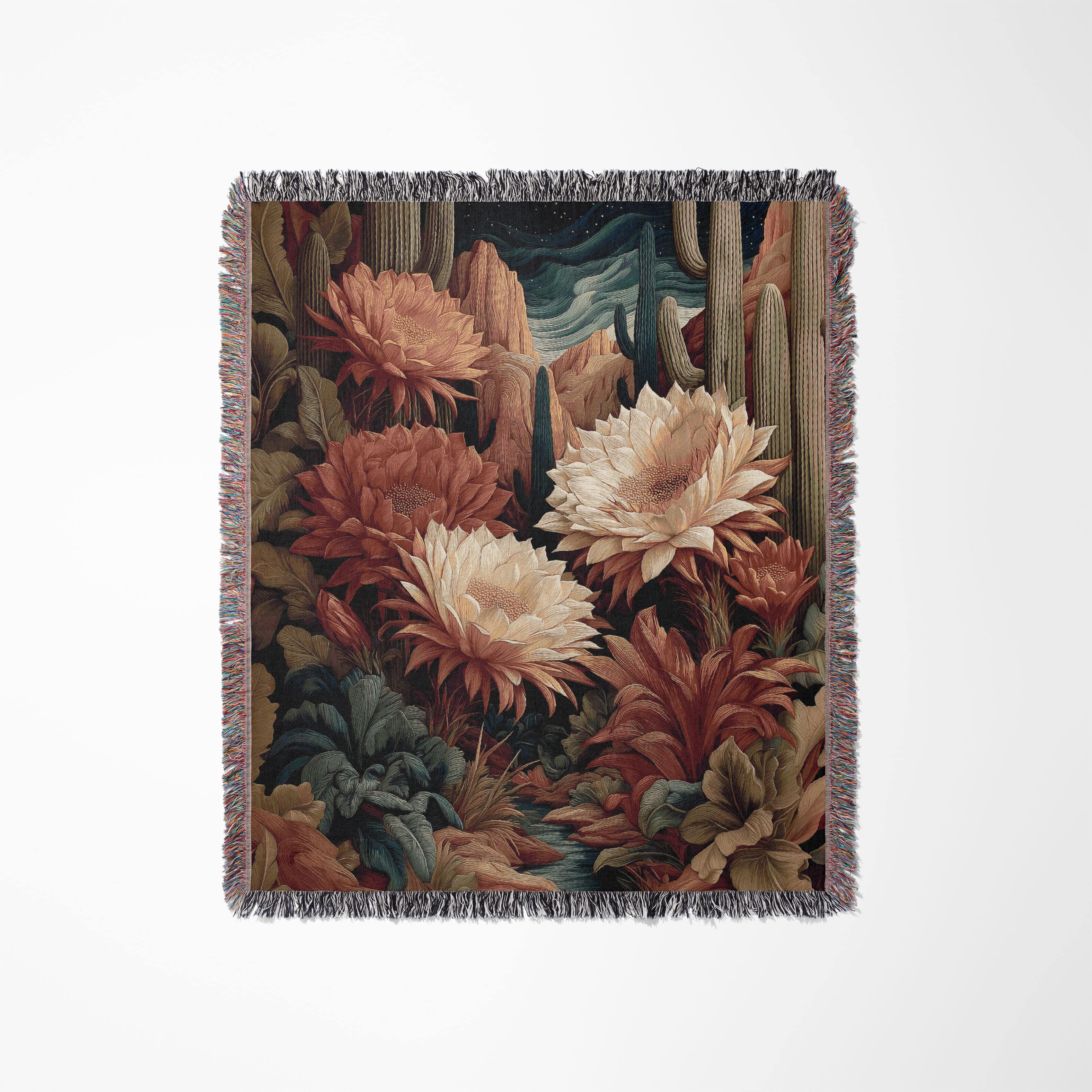 Southwestern Night Bloom Cactus Jacquard Blanket, Desert Flower Woven Throw Tapestry - photo #1