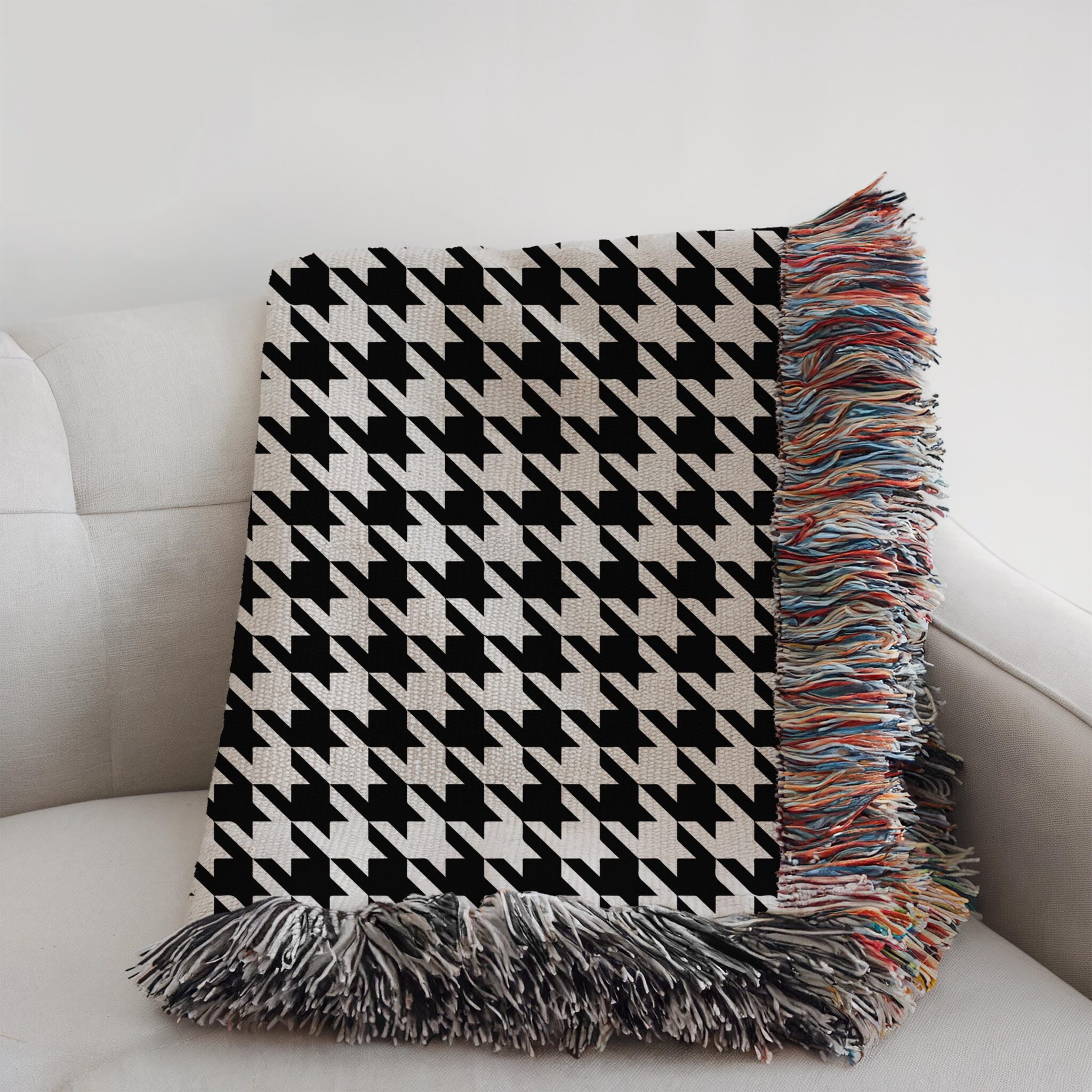 Black and Cream Houndstooth 100% Cotton Blanket, Contemporary Jacquard Woven Throw for Minimalist or Maximalist Interiors - photo #4