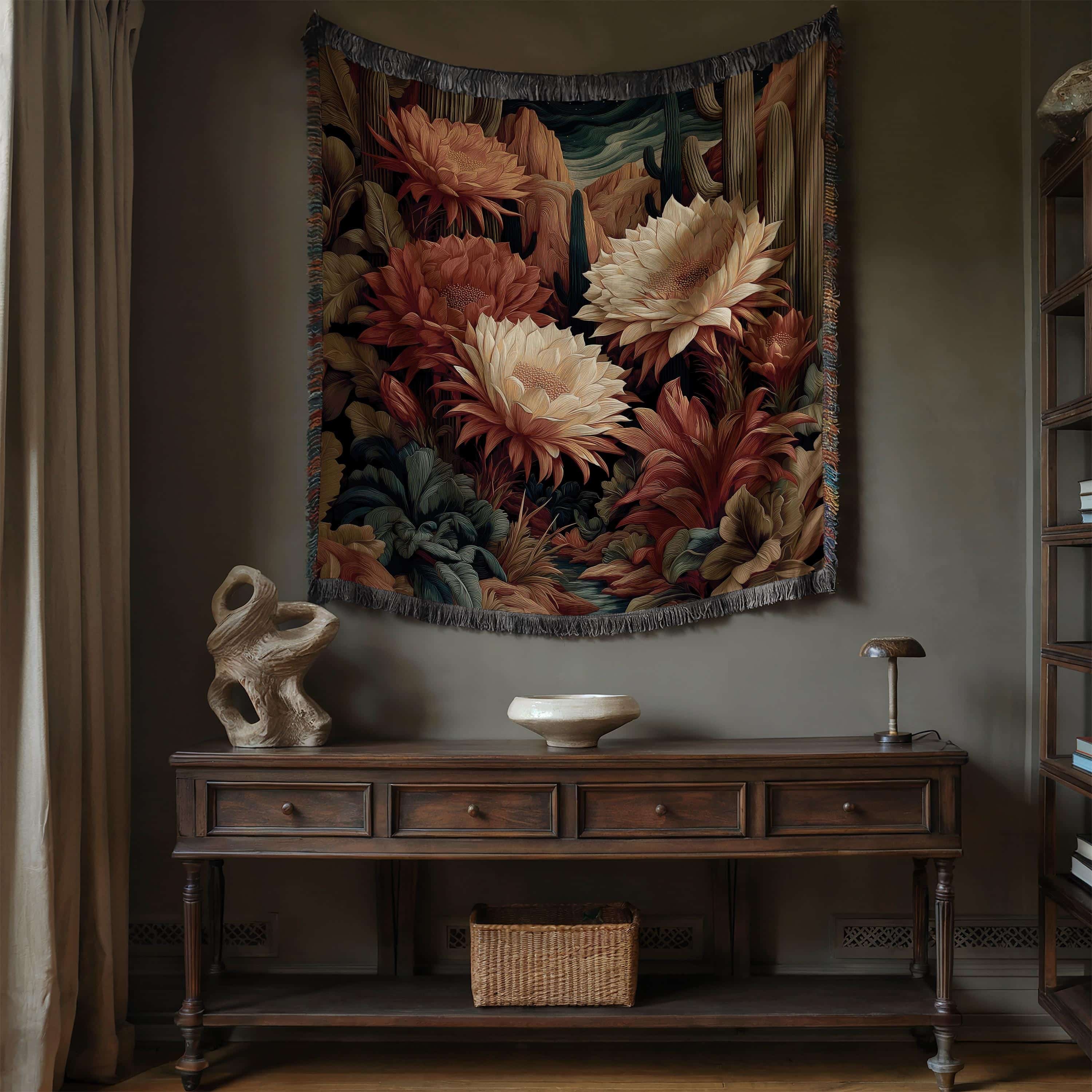 Southwestern Night Bloom Cactus Jacquard Blanket, Desert Flower Woven Throw Tapestry - photo #6