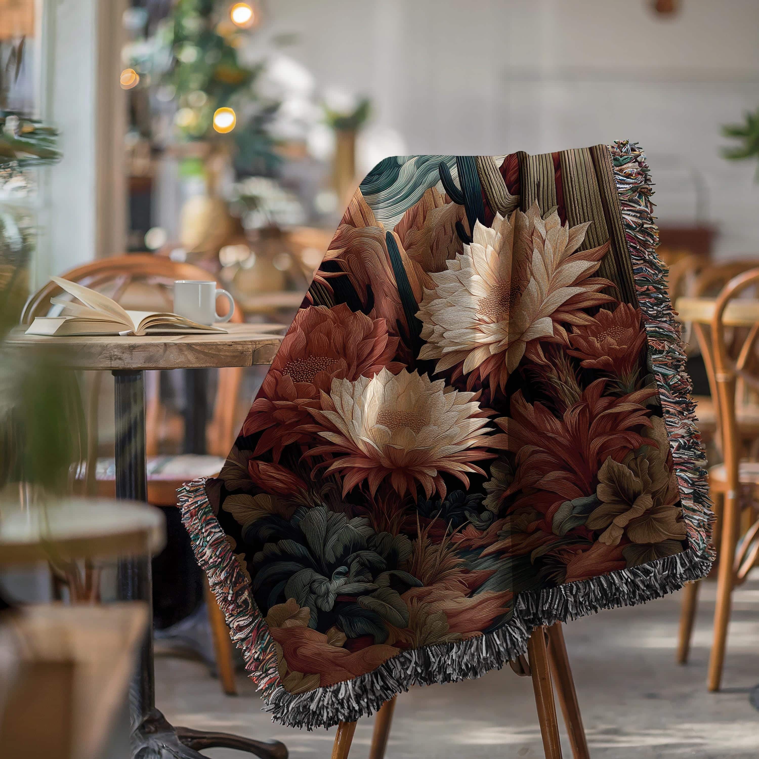 Southwestern Night Bloom Cactus Jacquard Blanket, Desert Flower Woven Throw Tapestry - photo #7