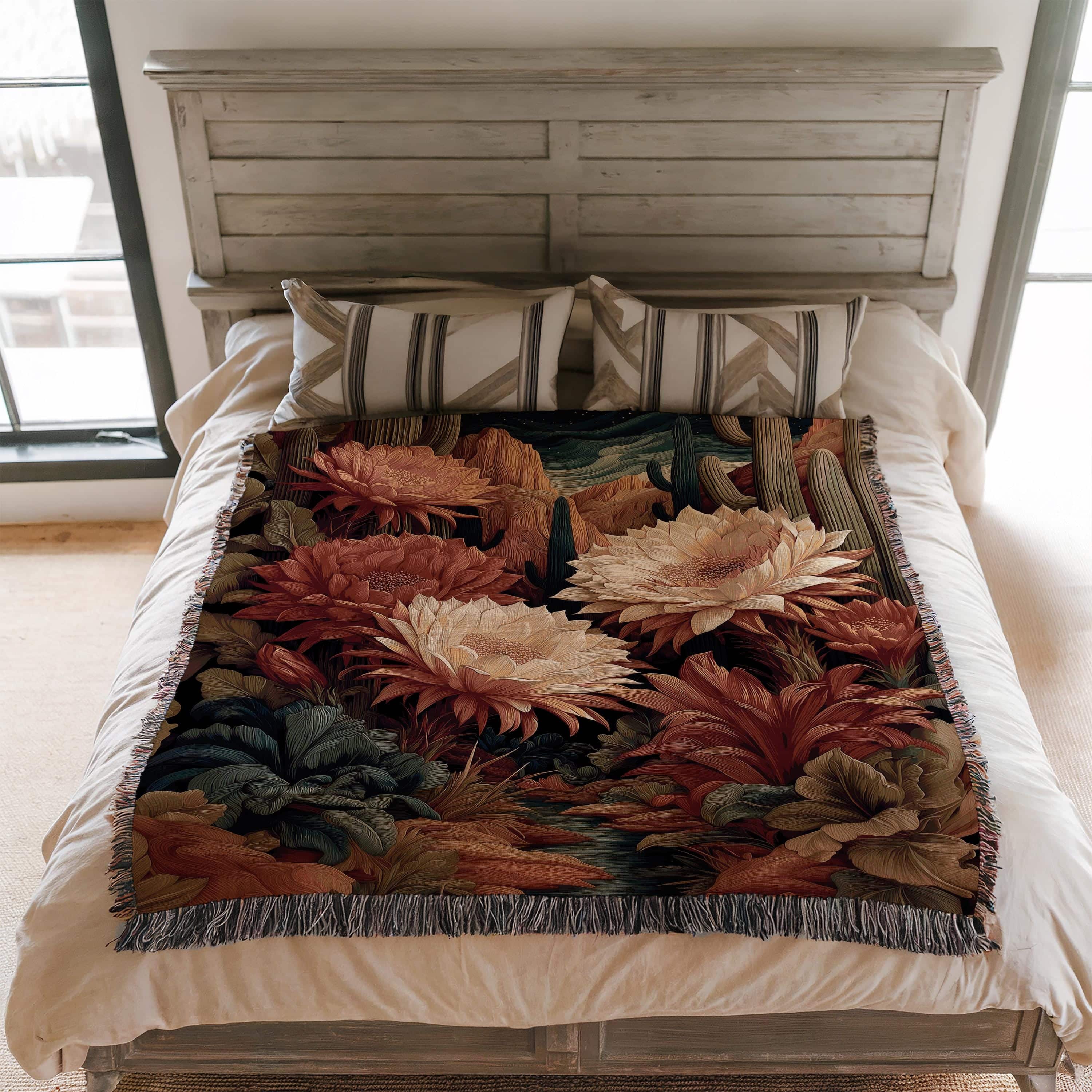 Southwestern Night Bloom Cactus Jacquard Blanket, Desert Flower Woven Throw Tapestry - photo #2