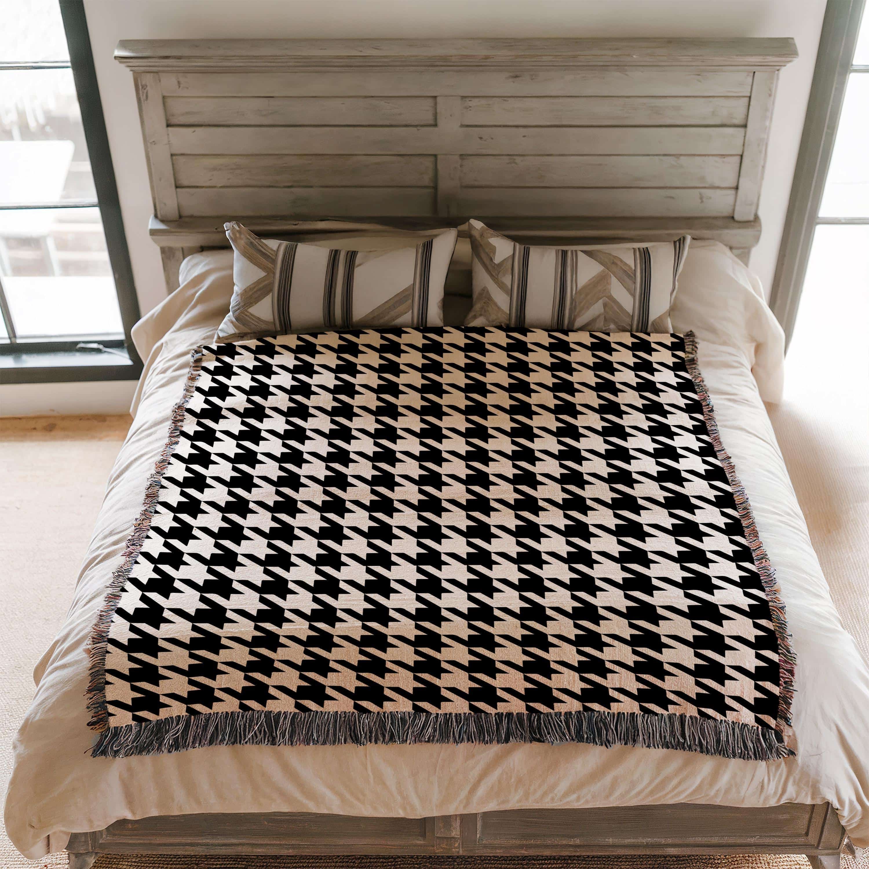 Black and Cream Houndstooth 100% Cotton Blanket, Contemporary Jacquard Woven Throw for Minimalist or Maximalist Interiors - photo #2