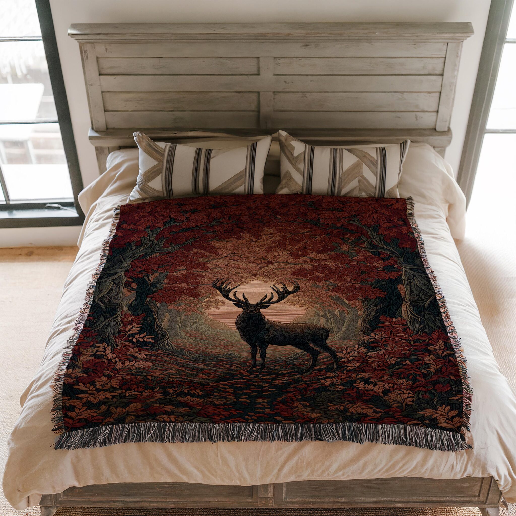 Majestic Deer Forest Path Woven Jacquard Blanket, Dark Academia Gothic Woodland Cotton Throw for Fall & Winter Decor - photo #3