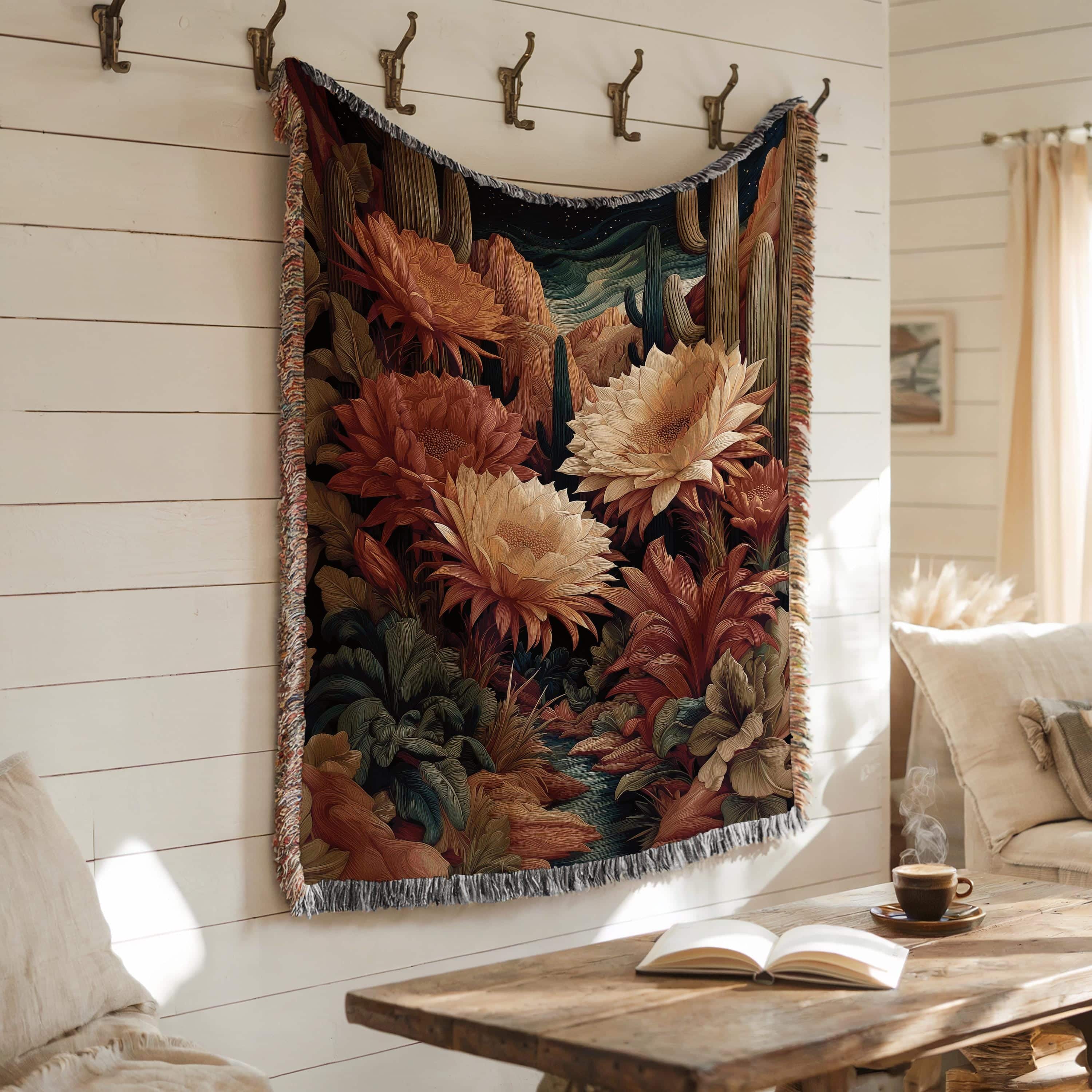 Southwestern Night Bloom Cactus Jacquard Blanket, Desert Flower Woven Throw Tapestry - photo #5