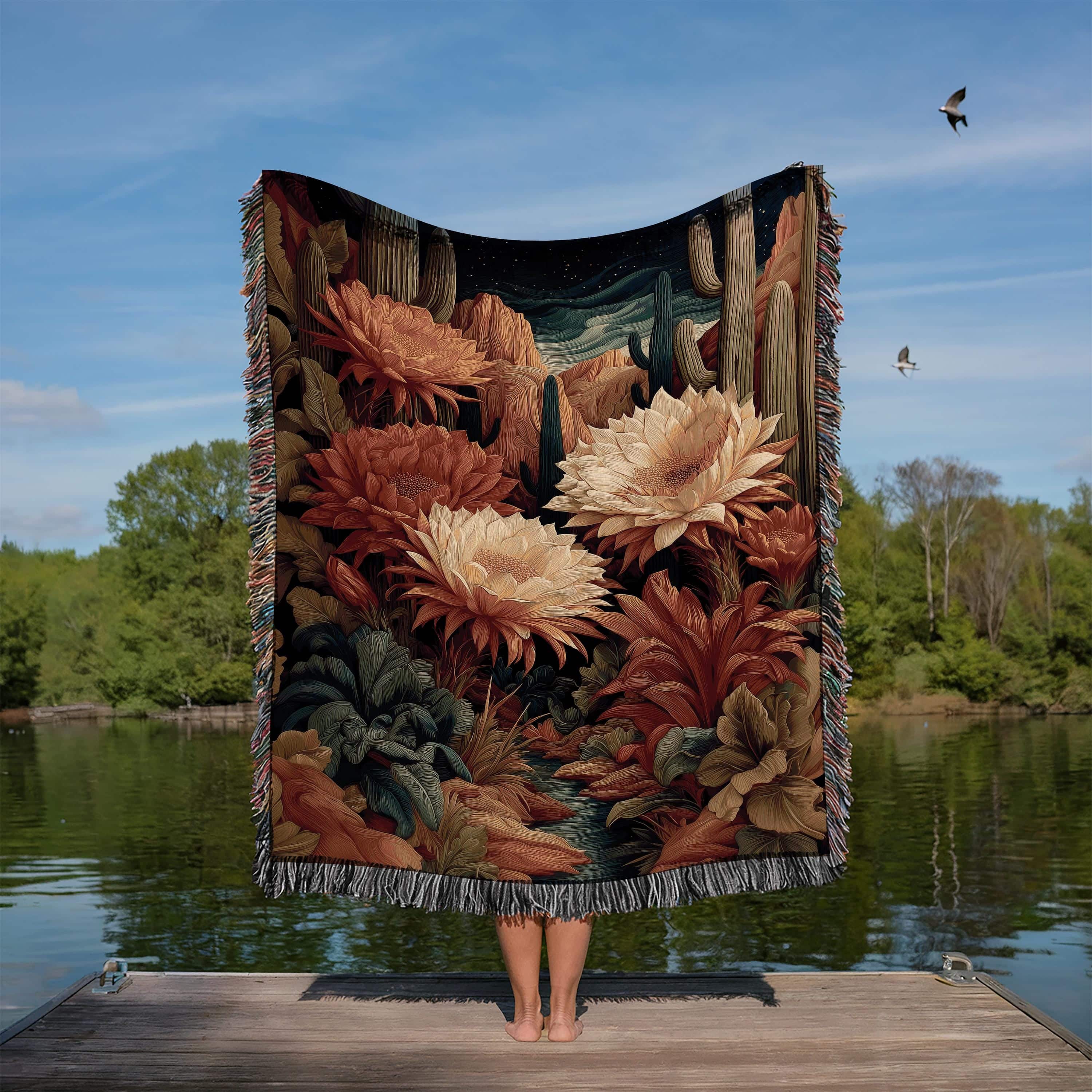 Southwestern Night Bloom Cactus Jacquard Blanket, Desert Flower Woven Throw Tapestry - photo #3