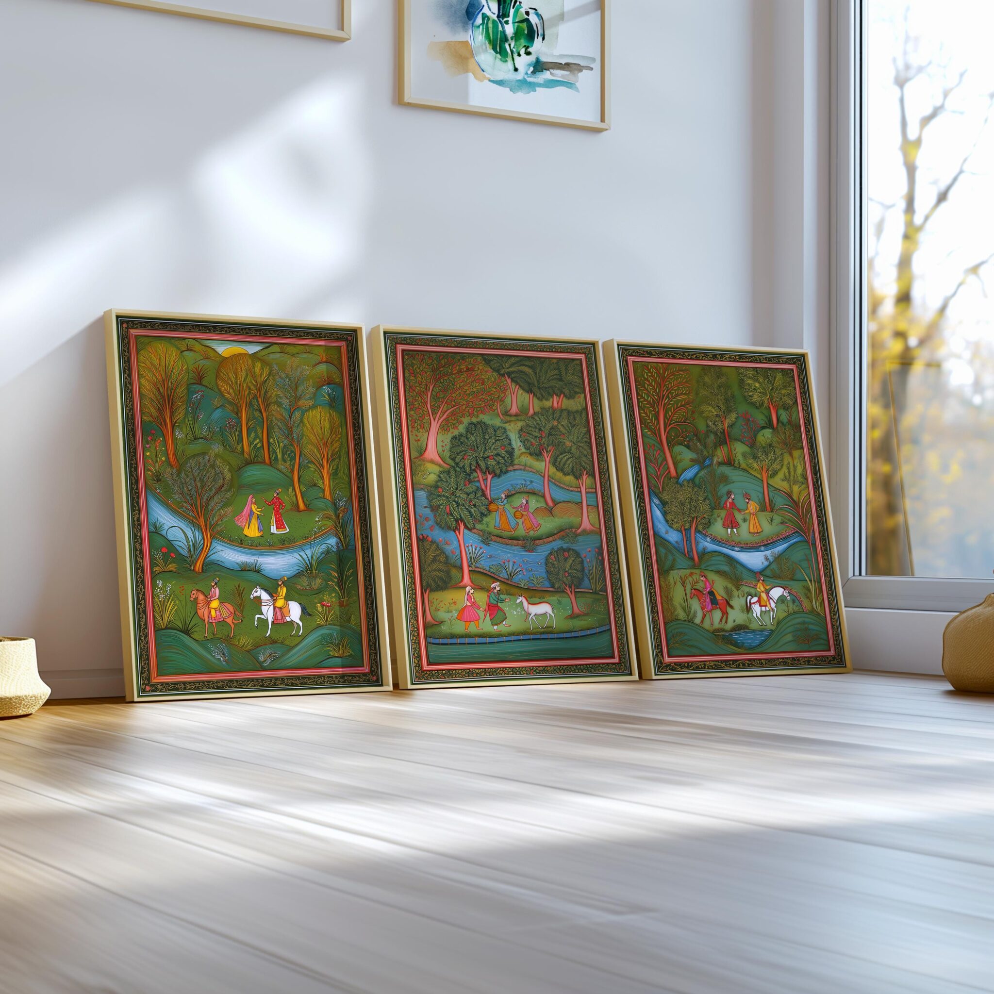 Indian Mughal Miniature Triptych, Traditional Folk Art Set of 3 Prints, India Heritage Artwork for Home Decor - photo #9