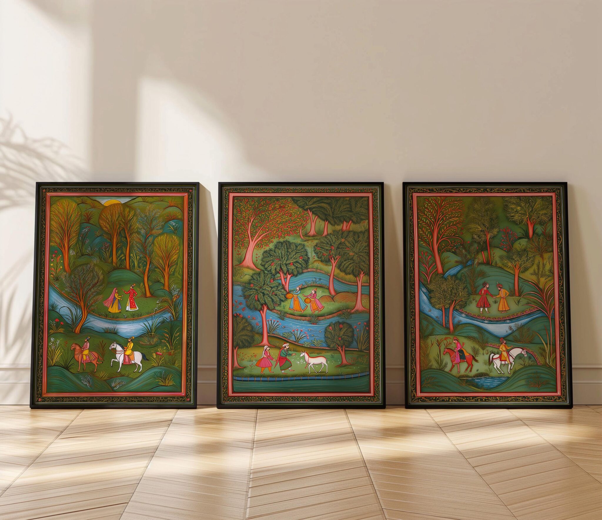 Indian Mughal Miniature Triptych, Traditional Folk Art Set of 3 Prints, India Heritage Artwork for Home Decor - photo #3