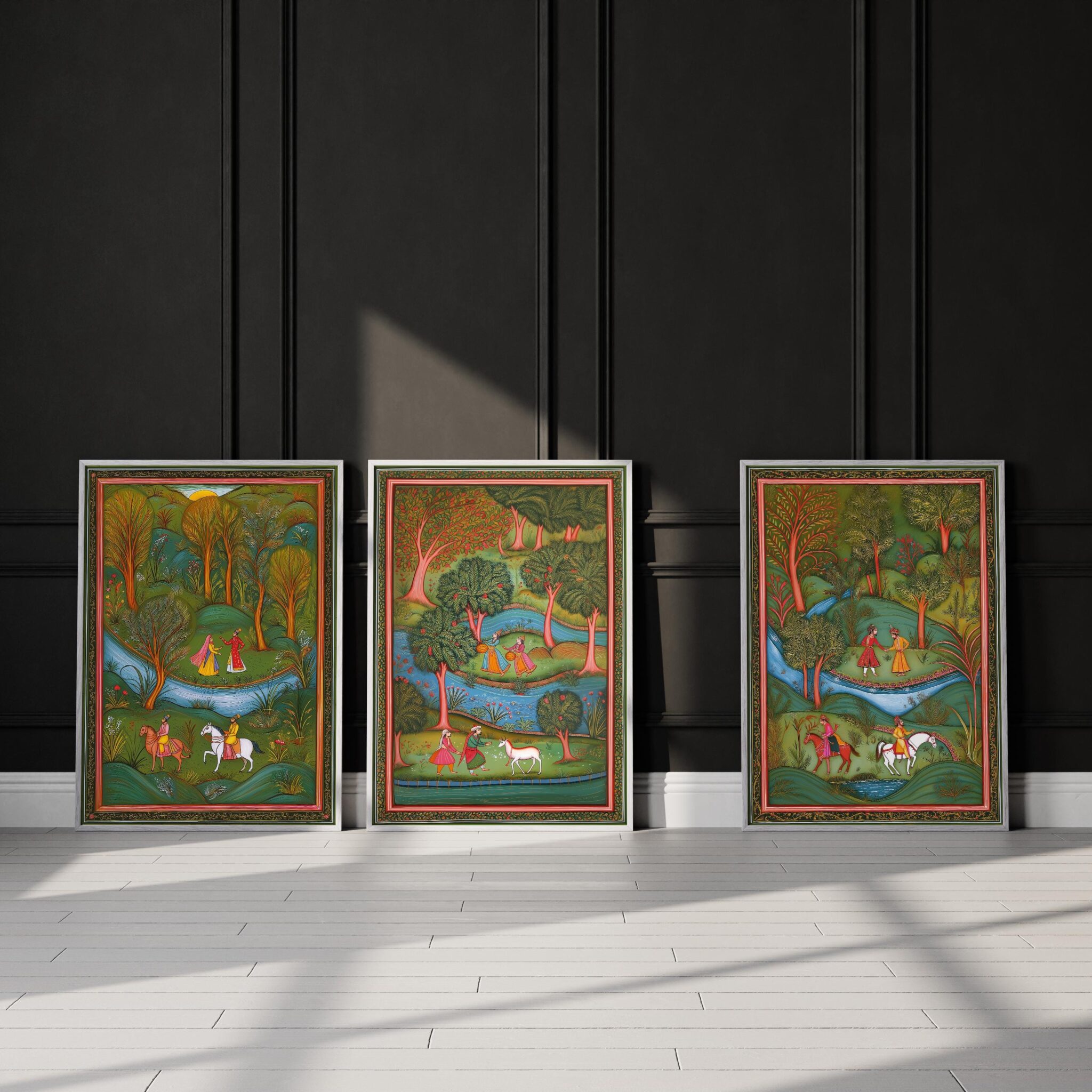 Indian Mughal Miniature Triptych, Traditional Folk Art Set of 3 Prints, India Heritage Artwork for Home Decor - photo #8