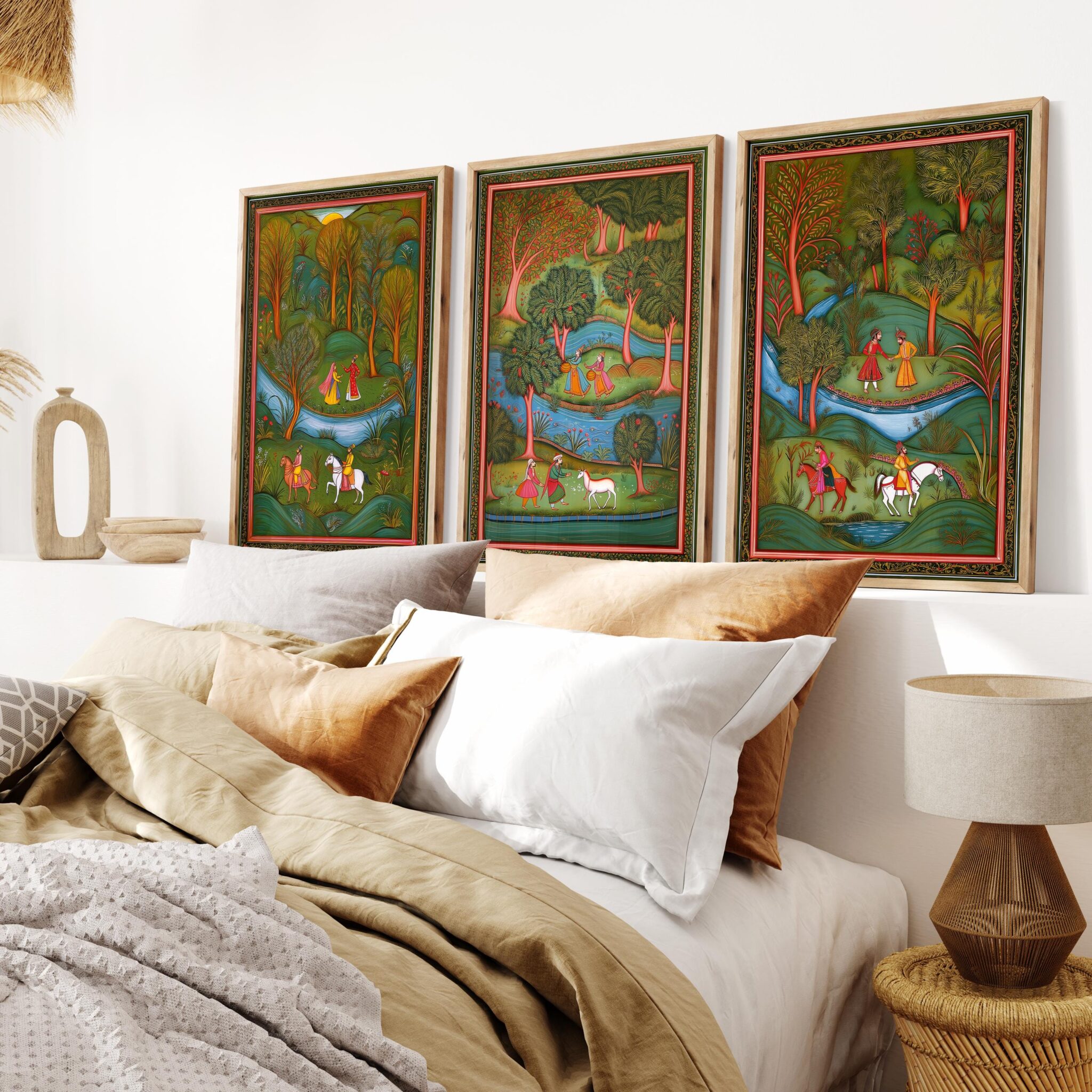 Indian Mughal Miniature Triptych, Traditional Folk Art Set of 3 Prints, India Heritage Artwork for Home Decor - photo #2