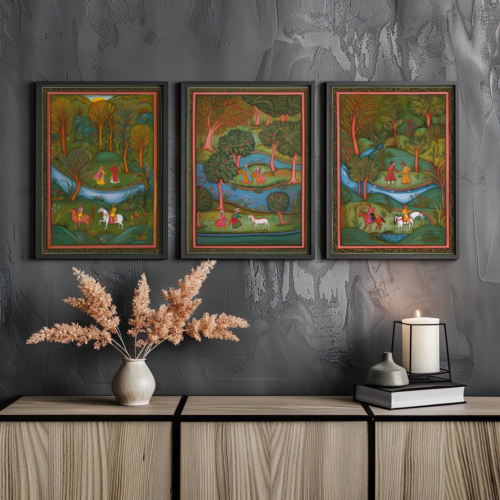 Indian Mughal Miniature Triptych, Traditional Folk Art Set of 3 Prints, India Heritage Artwork for Home Decor - photo #10