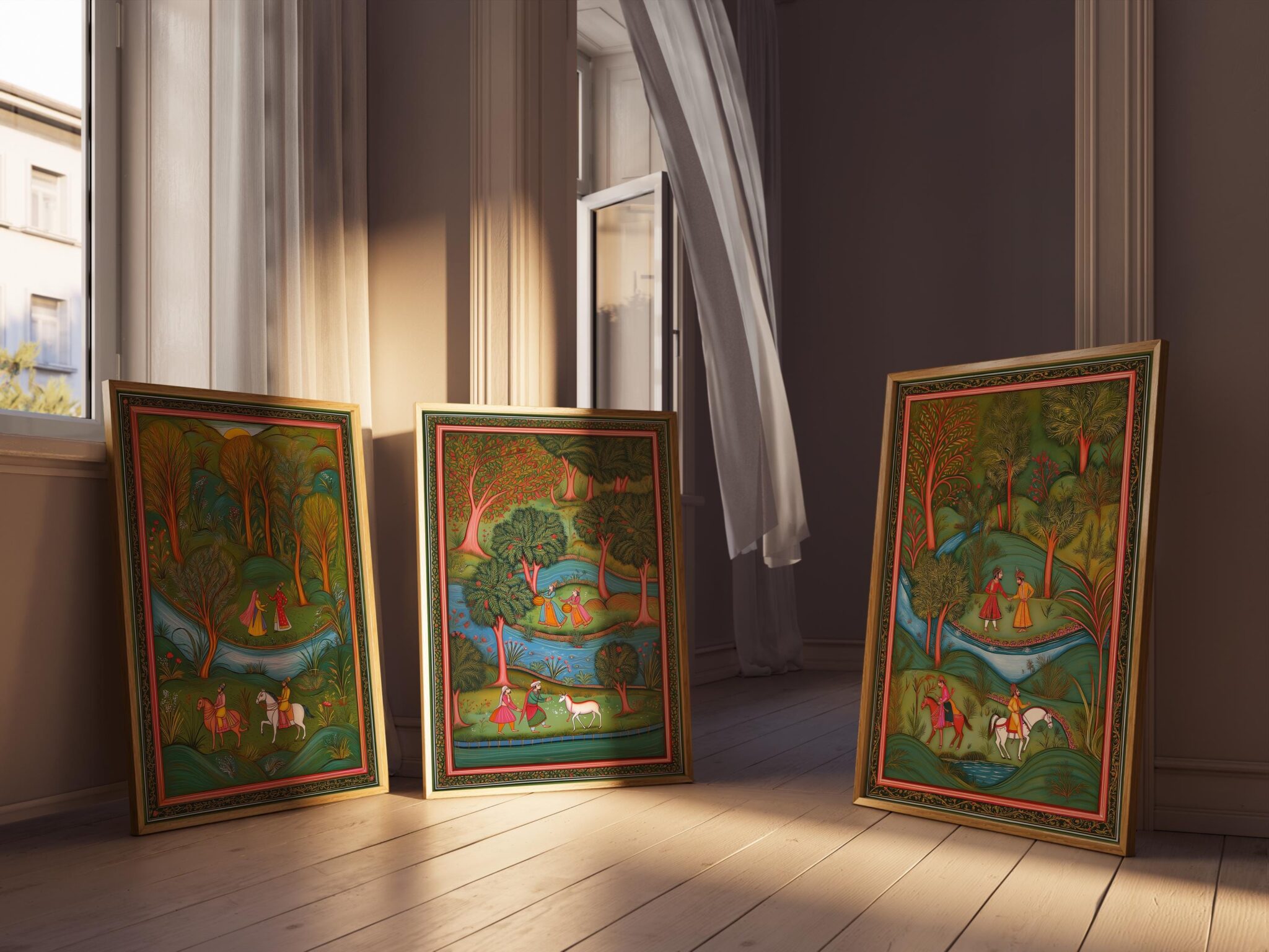 Indian Mughal Miniature Triptych, Traditional Folk Art Set of 3 Prints, India Heritage Artwork for Home Decor - photo #4