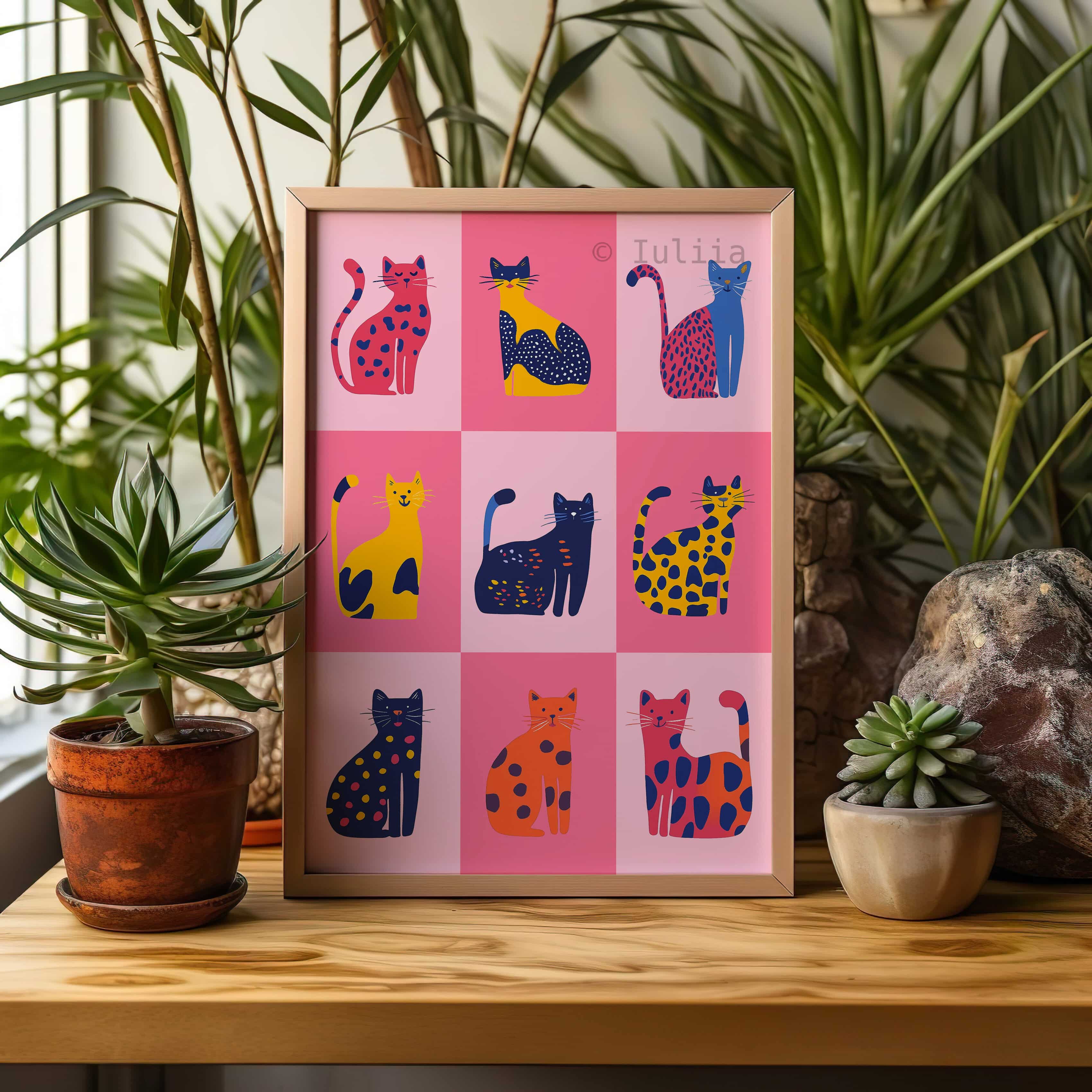 Nine Lives Cat Wall Art Print – Colorful Dopamine Decor in Pink & Yellow – Playful Modern Cat Poster for Fun, Eclectic or Kids Room Interiors - photo #11