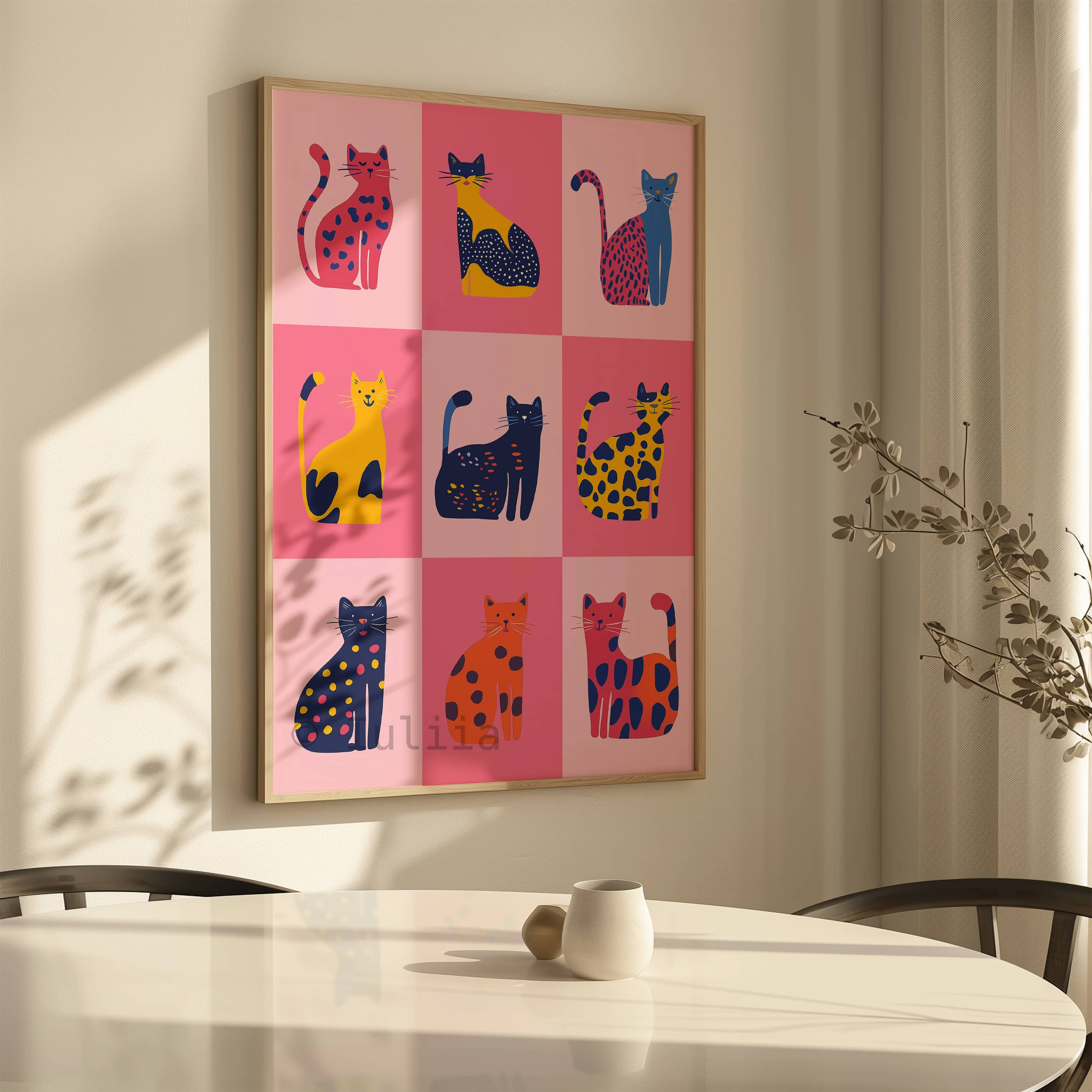 Nine Lives Cat Wall Art Print – Colorful Dopamine Decor in Pink & Yellow – Playful Modern Cat Poster for Fun, Eclectic or Kids Room Interiors - photo #10
