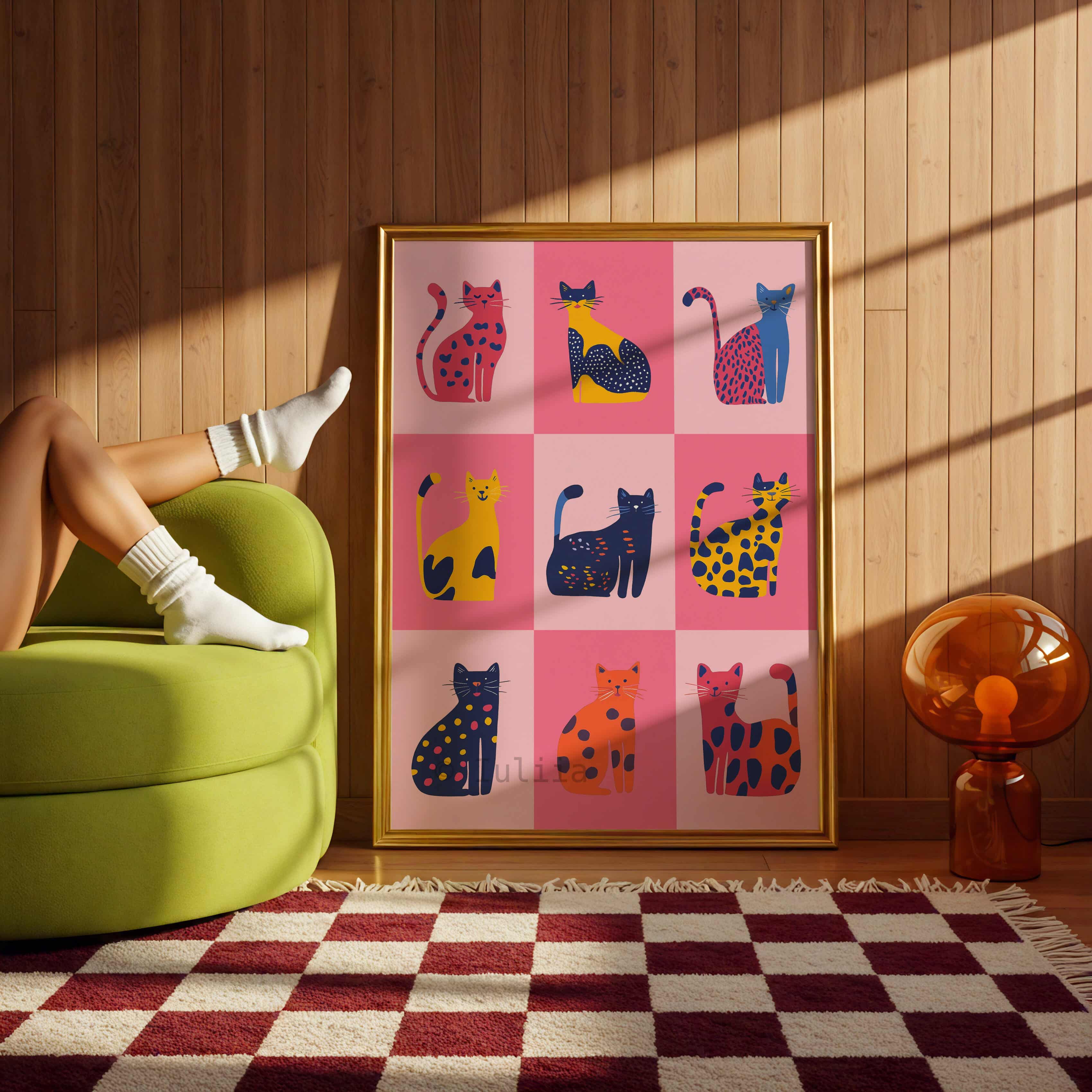 Nine Lives Cat Wall Art Print – Colorful Dopamine Decor in Pink & Yellow – Playful Modern Cat Poster for Fun, Eclectic or Kids Room Interiors - photo #3