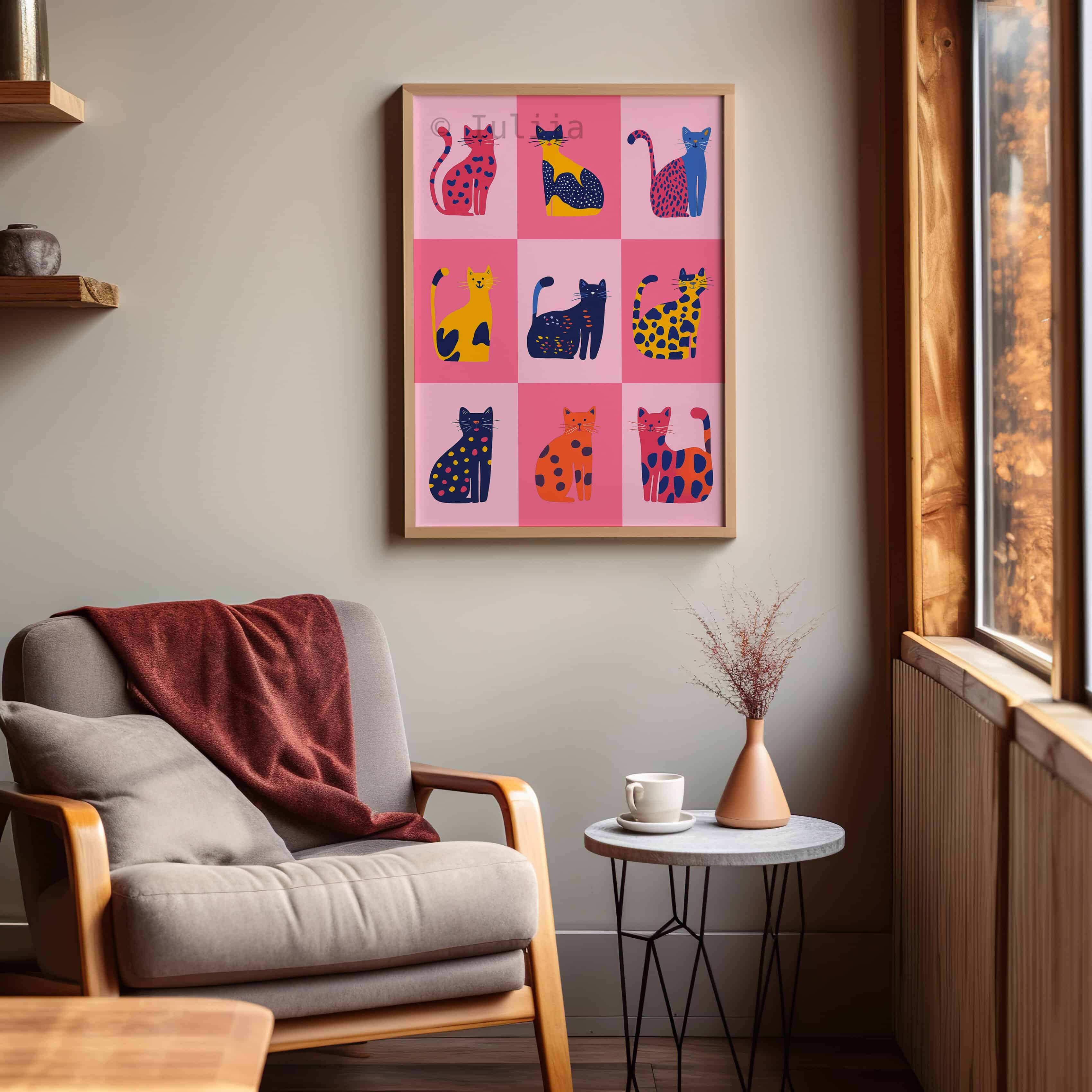 Nine Lives Cat Wall Art Print – Colorful Dopamine Decor in Pink & Yellow – Playful Modern Cat Poster for Fun, Eclectic or Kids Room Interiors - photo #4