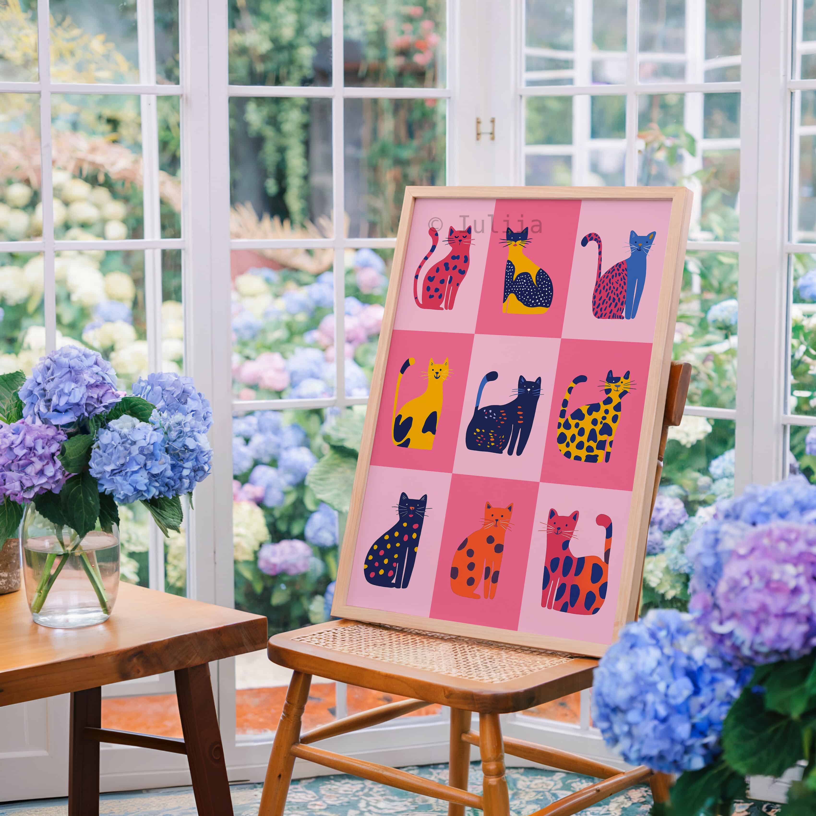 Nine Lives Cat Wall Art Print – Colorful Dopamine Decor in Pink & Yellow – Playful Modern Cat Poster for Fun, Eclectic or Kids Room Interiors - photo #5