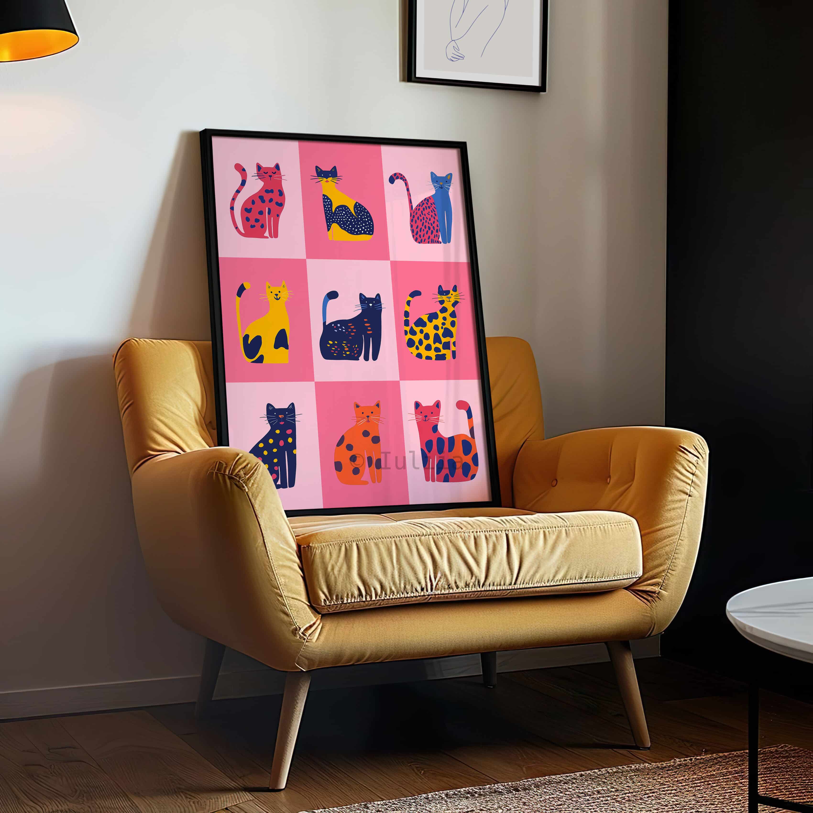 Nine Lives Cat Wall Art Print – Colorful Dopamine Decor in Pink & Yellow – Playful Modern Cat Poster for Fun, Eclectic or Kids Room Interiors - photo #7