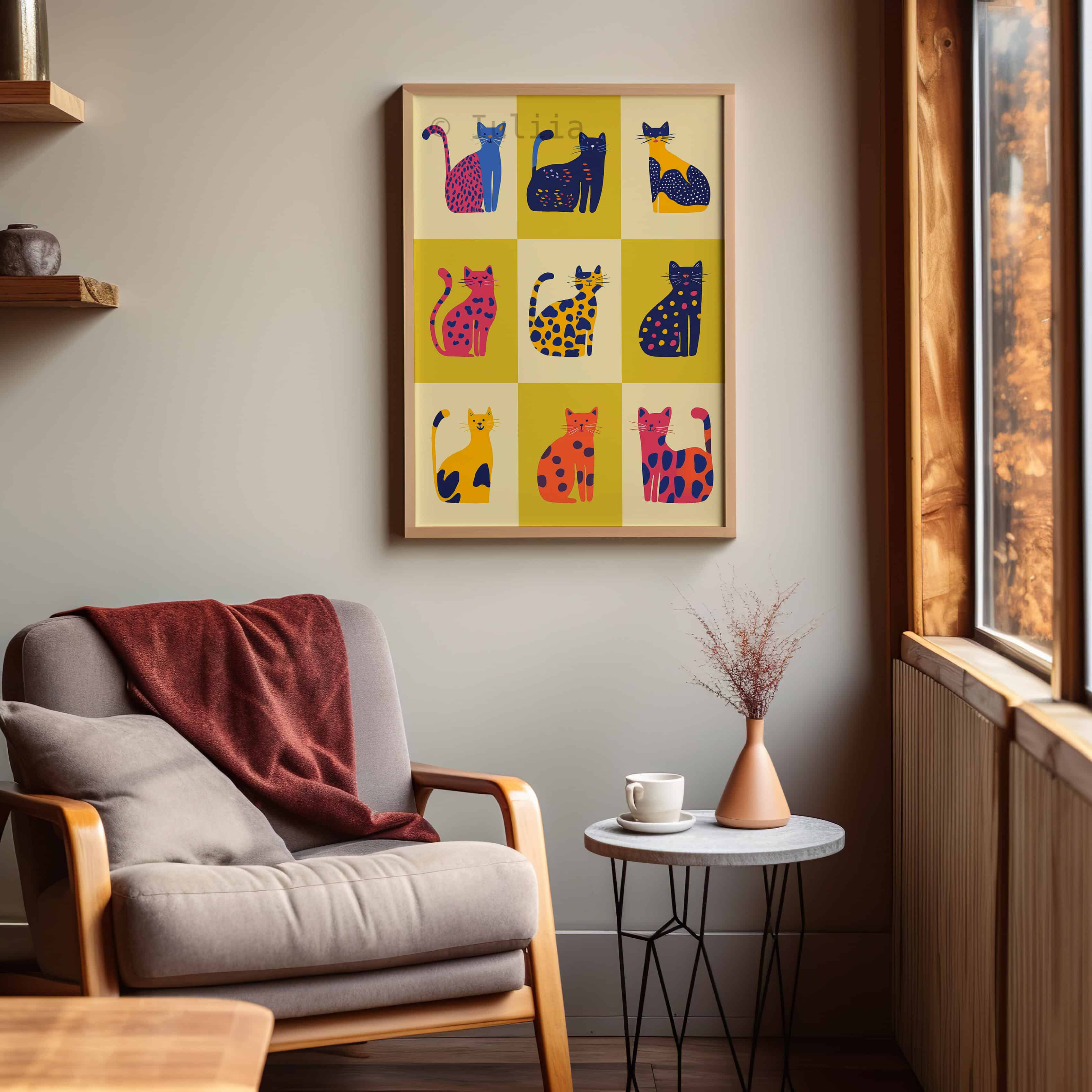 Nine Lives Cat Poster – Bold Yellow and Pink Dopamine Wall Art – Playful Animal Print for Maximalist and Modern Eclectic Homes - photo #4