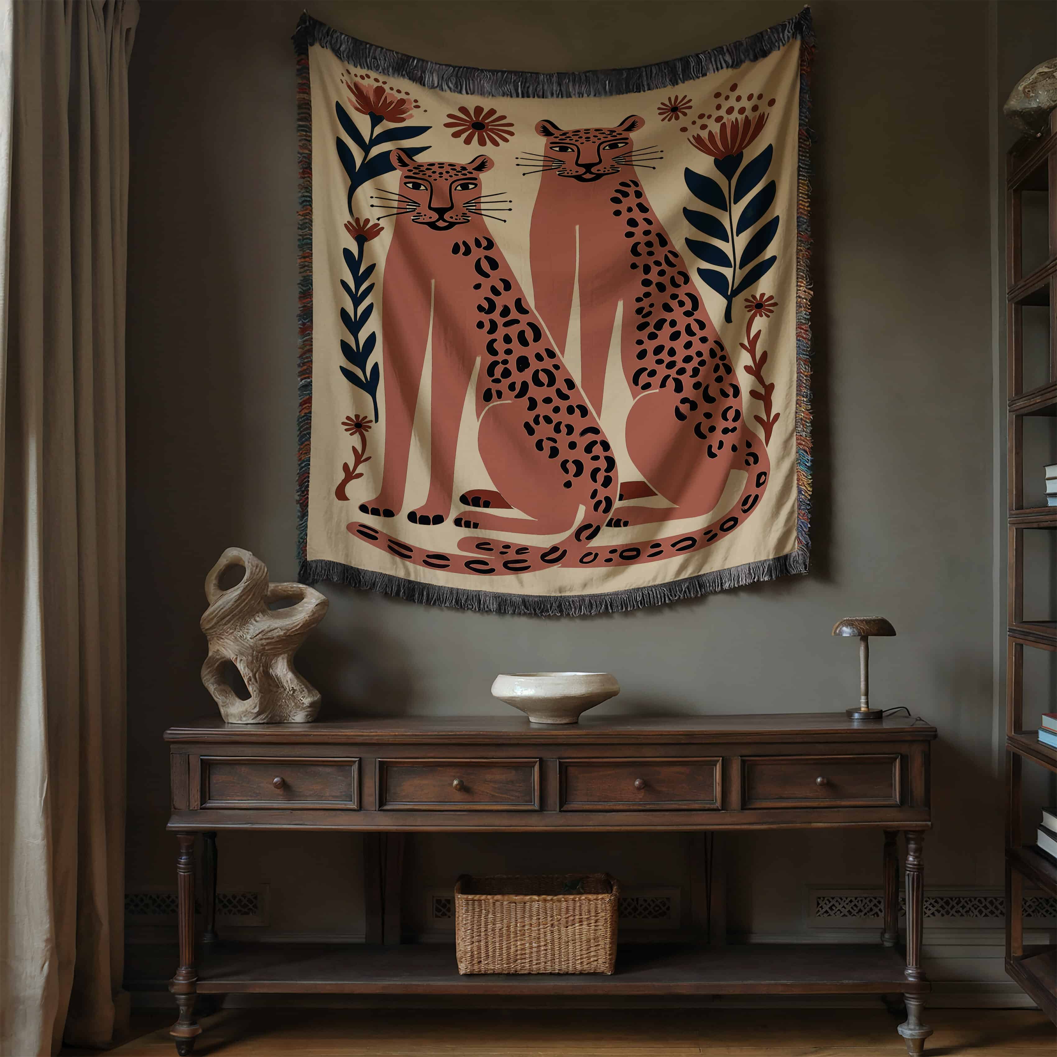 Romantic Leopard Couple Jacquard Woven Blanket Throw, Folk Art Animal Tapestry Wall Hanging with Floral Motifs - photo #4