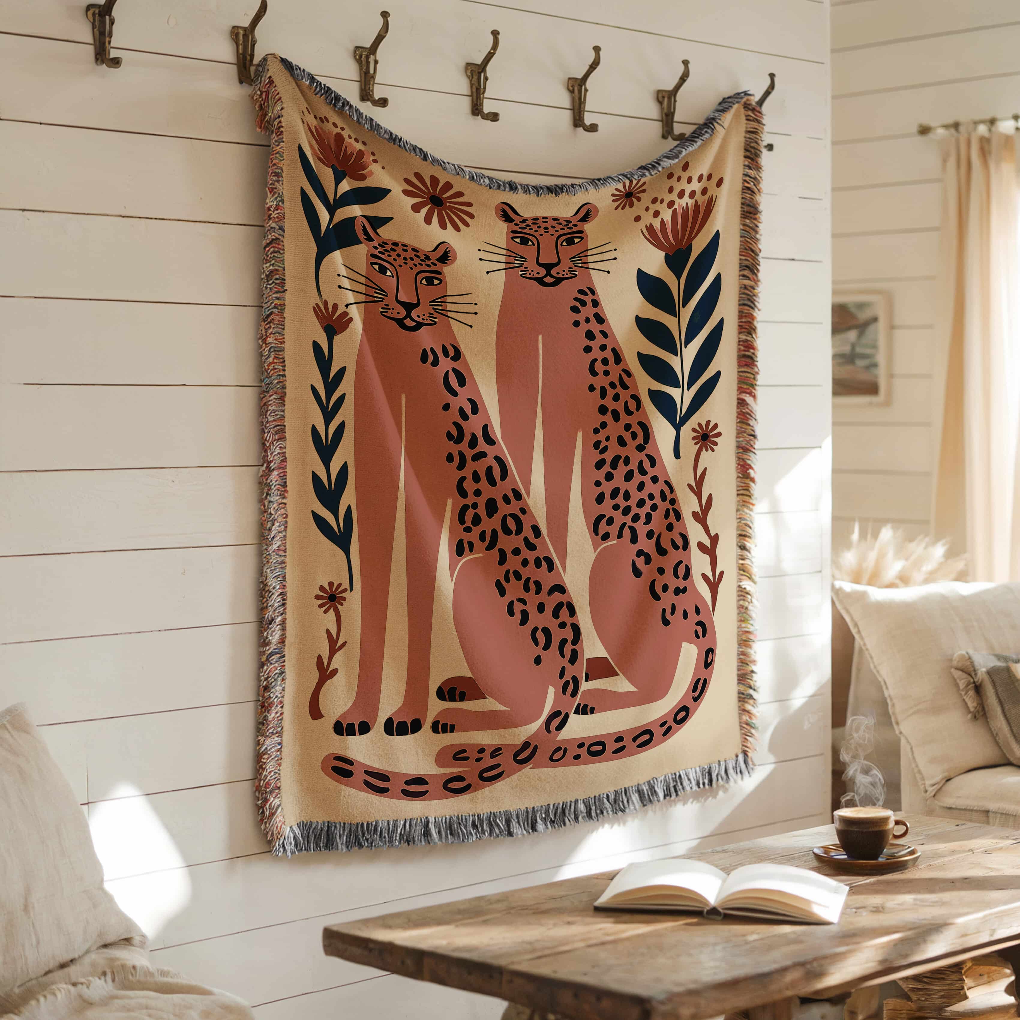 Romantic Leopard Couple Jacquard Woven Blanket Throw, Folk Art Animal Tapestry Wall Hanging with Floral Motifs - photo #7