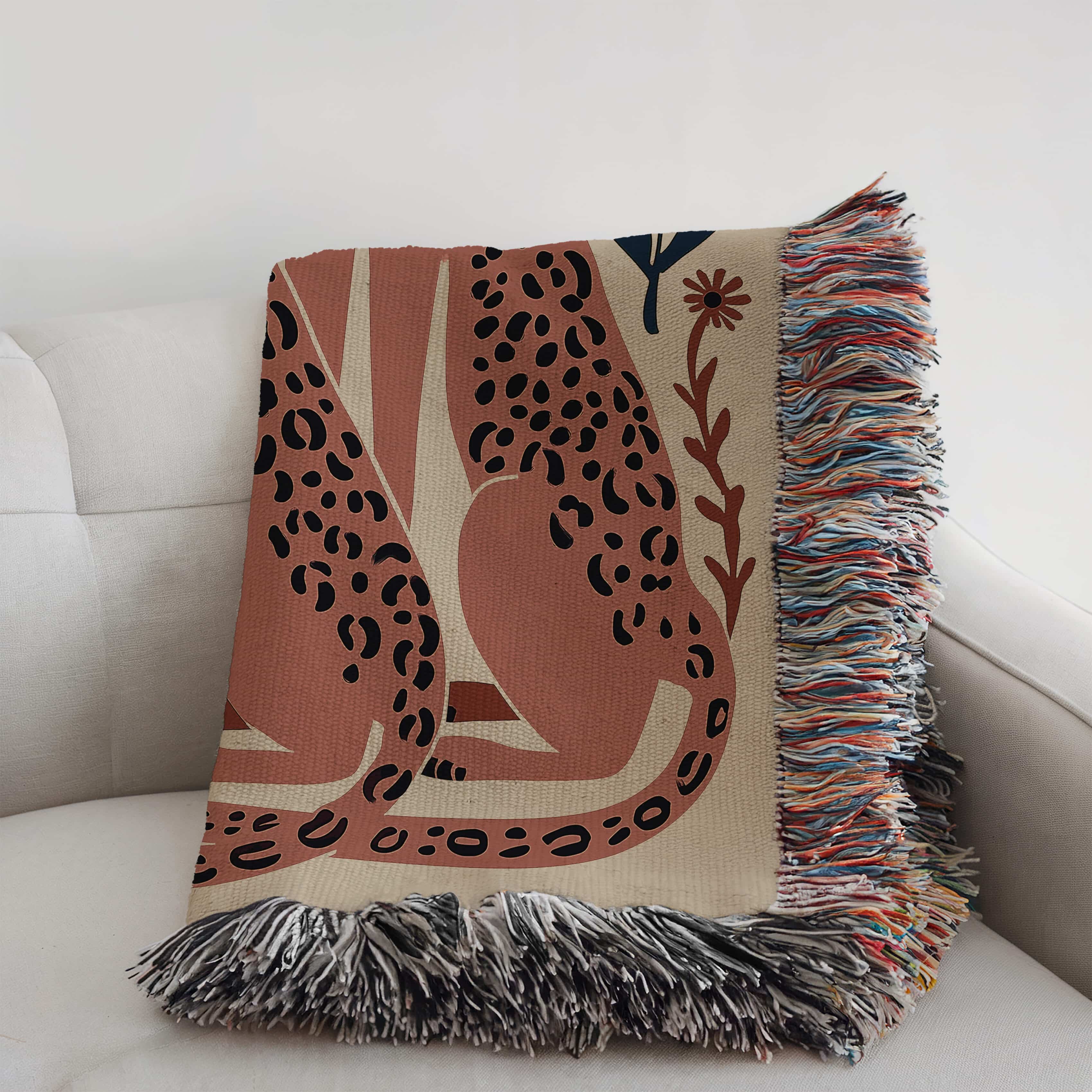 Romantic Leopard Couple Jacquard Woven Blanket Throw, Folk Art Animal Tapestry Wall Hanging with Floral Motifs - photo #3