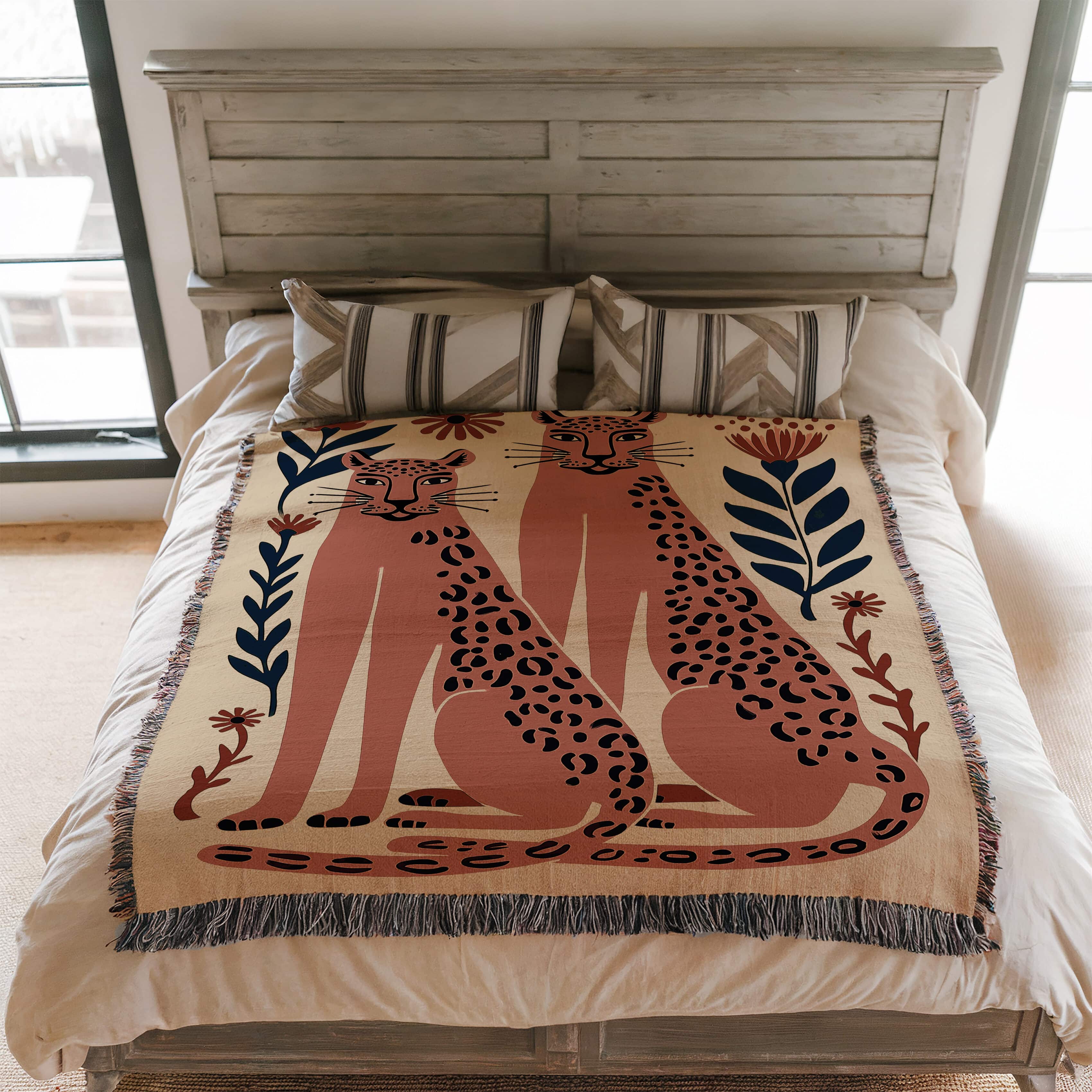 Romantic Leopard Couple Jacquard Woven Blanket Throw, Folk Art Animal Tapestry Wall Hanging with Floral Motifs - photo #2