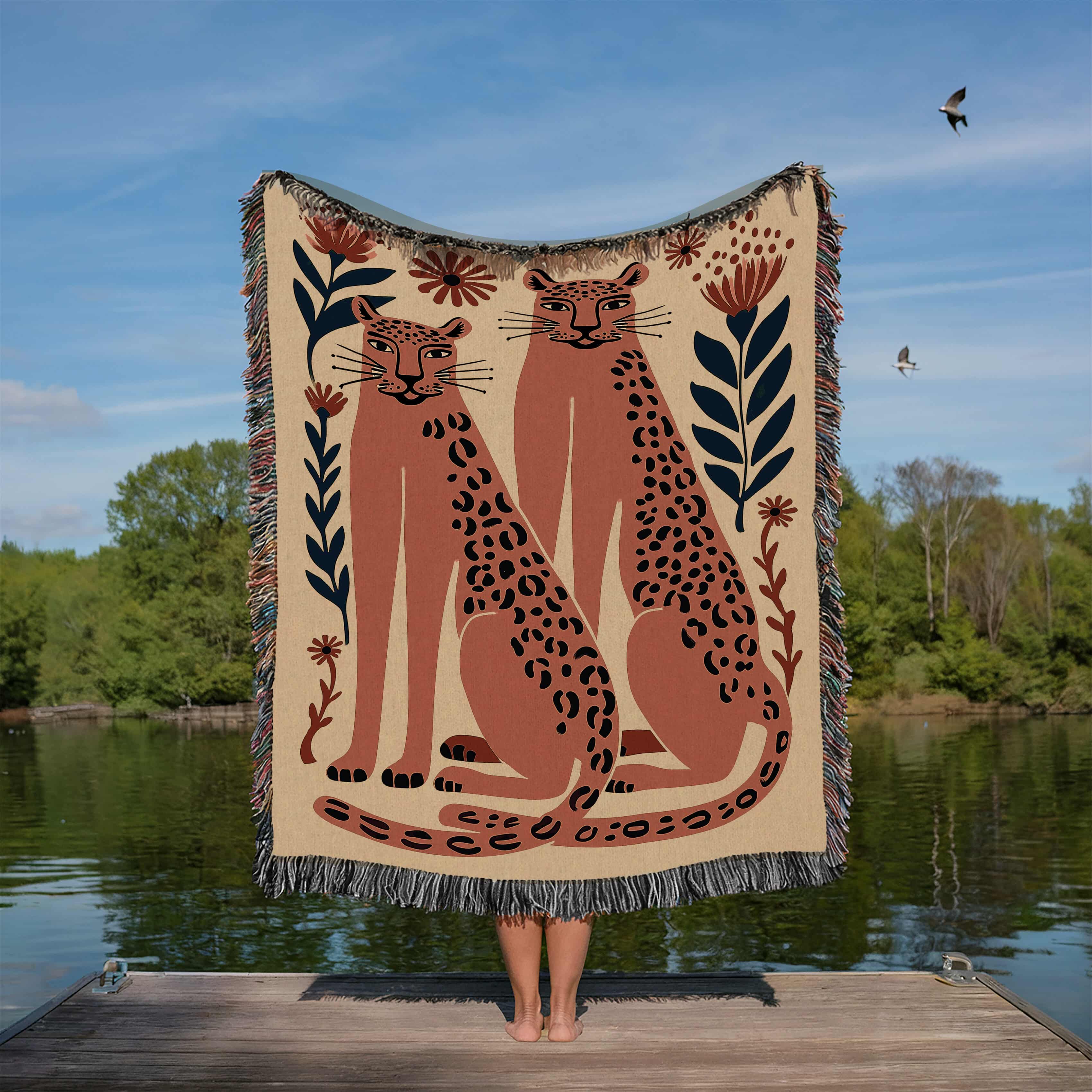 Romantic Leopard Couple Jacquard Woven Blanket Throw, Folk Art Animal Tapestry Wall Hanging with Floral Motifs - photo #6