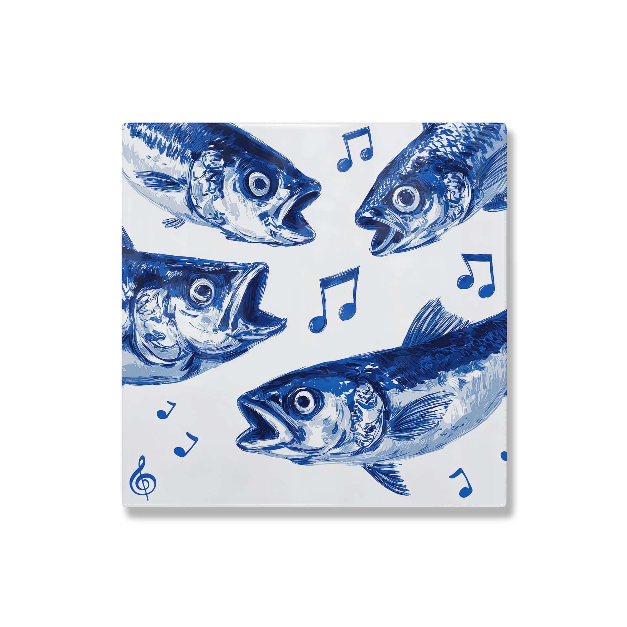 Portuguese Singing Sardines Ceramic Tile – Delft Blue Azulejo Fish Art, Glossy Decorative Tile for Shelf or Coastal Home Decor - photo #1