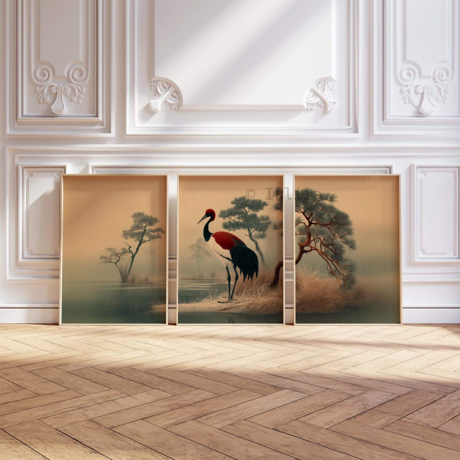 Japanese Crane Triptych Wall Art Print Set of 3