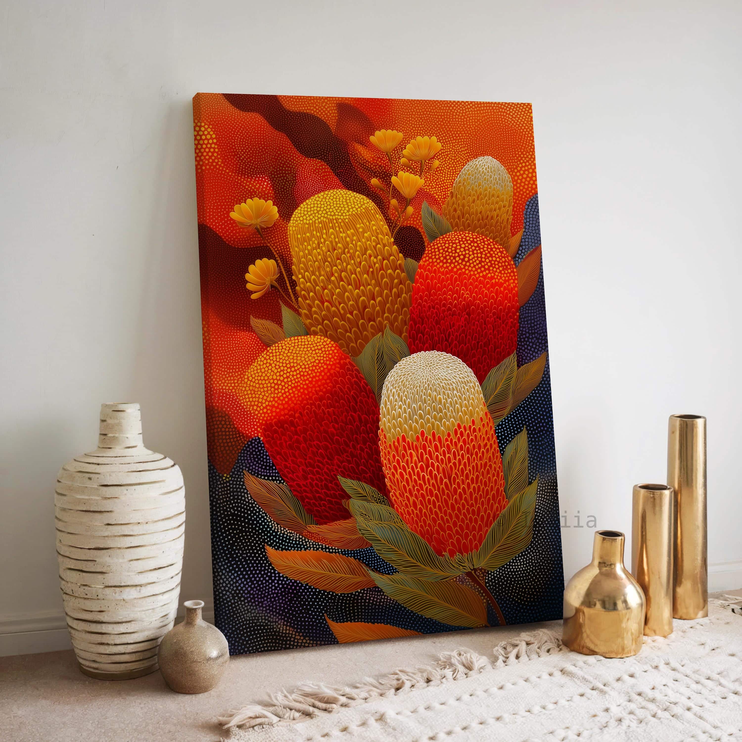 Australian Aboriginal Inspired Banksia Canvas – Bold Native Flower Wall Art in Red, Ochre and Gold Tones, Contemporary Indigenous Style Print - photo #5