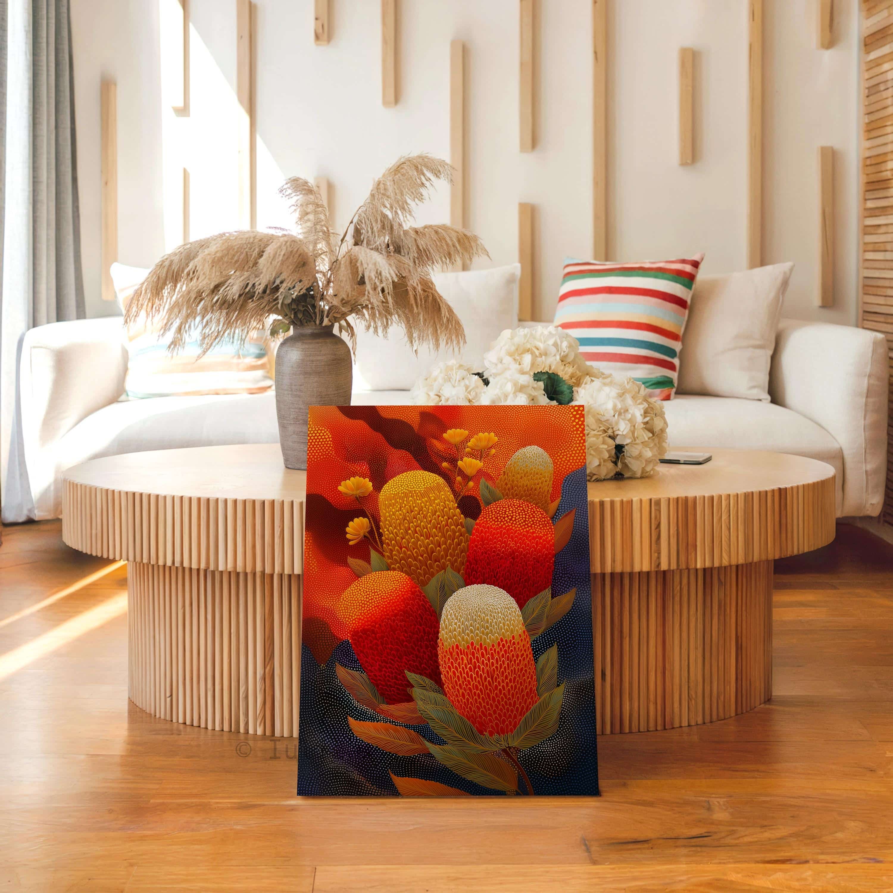 Australian Aboriginal Inspired Banksia Canvas – Bold Native Flower Wall Art in Red, Ochre and Gold Tones, Contemporary Indigenous Style Print - photo #17