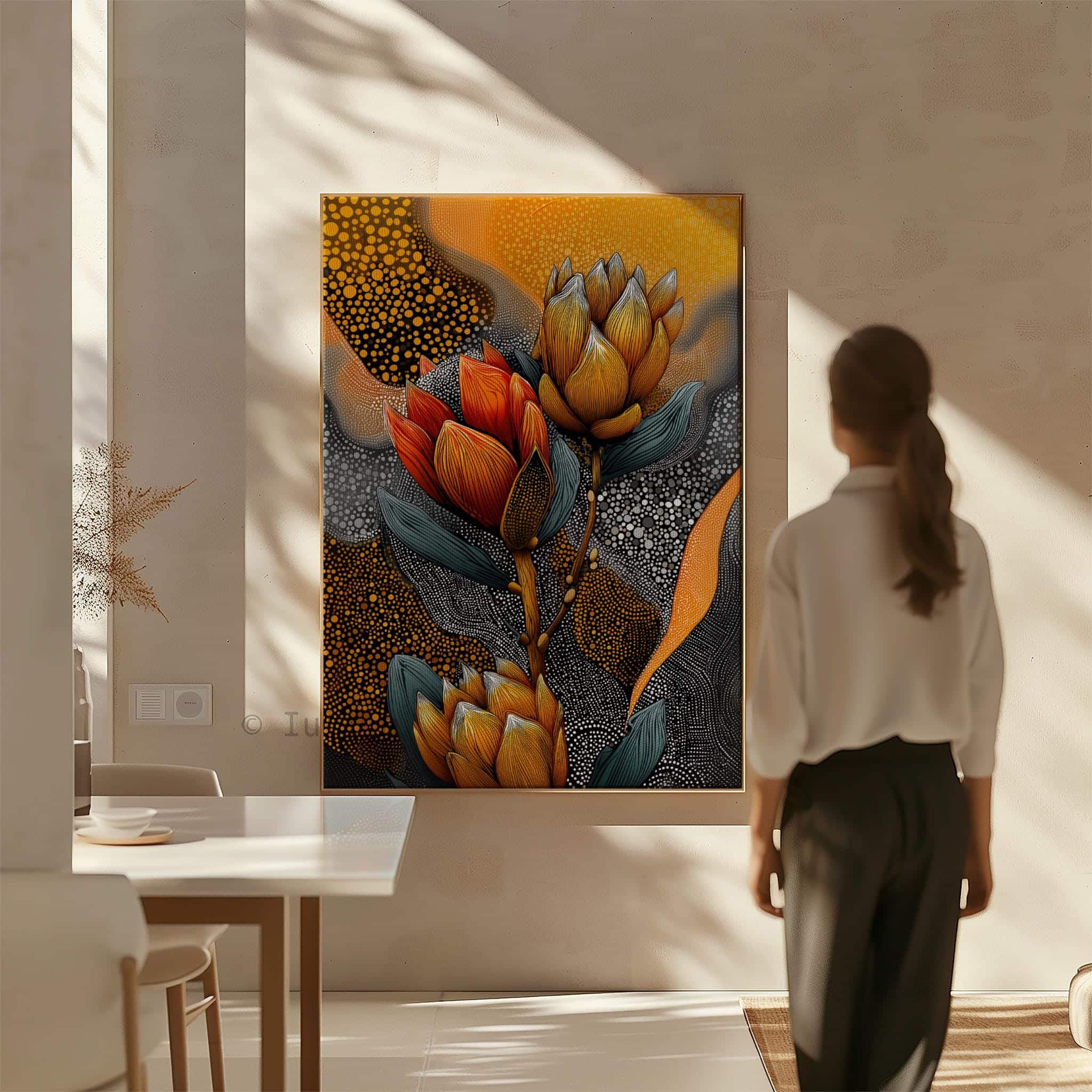 Australian Aboriginal Inspired Protea Flower Canvas – Contemporary Botanical Dot Art Print in Warm Ochre and Charcoal Tones - photo #13