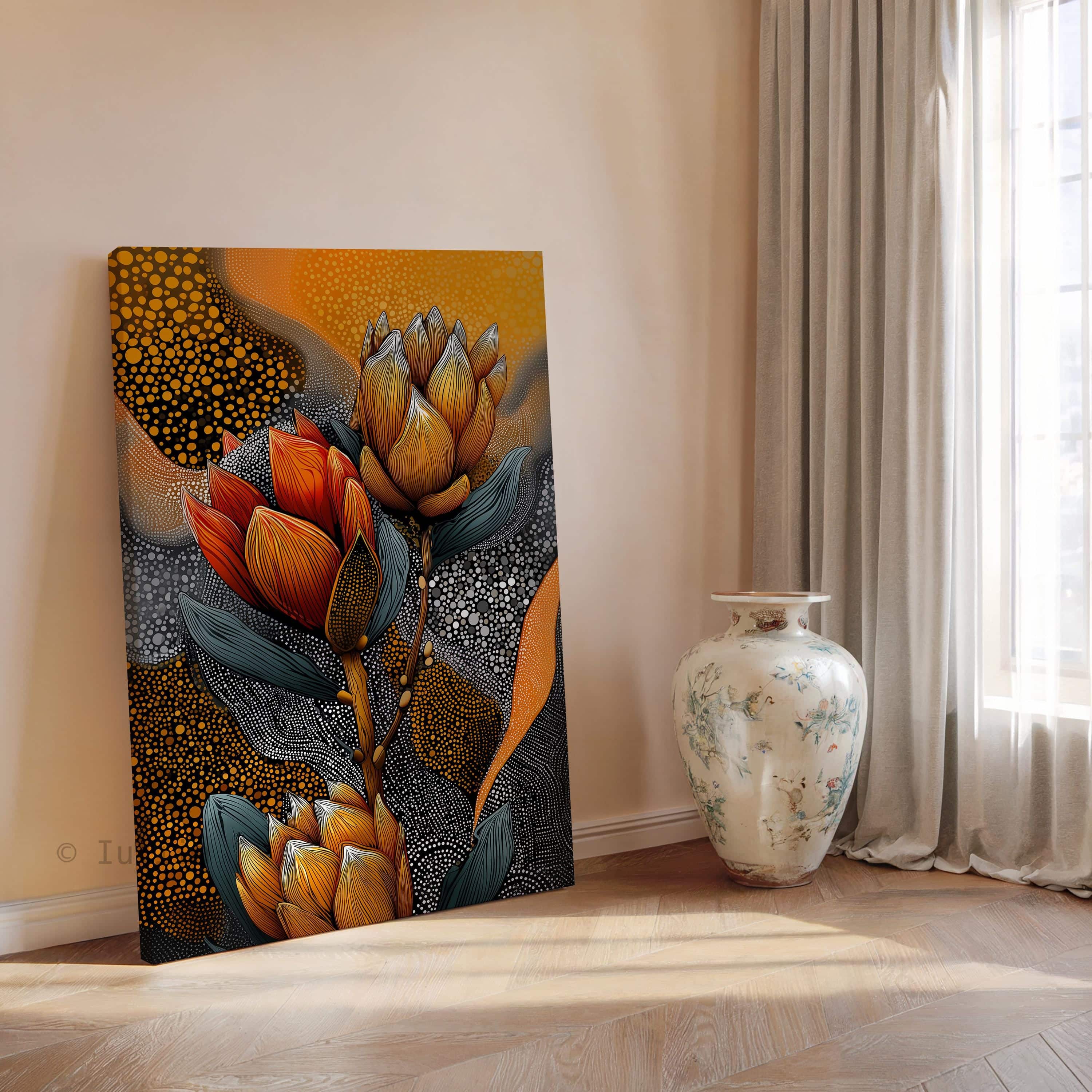 Australian Aboriginal Inspired Protea Flower Canvas – Contemporary Botanical Dot Art Print in Warm Ochre and Charcoal Tones - photo #14