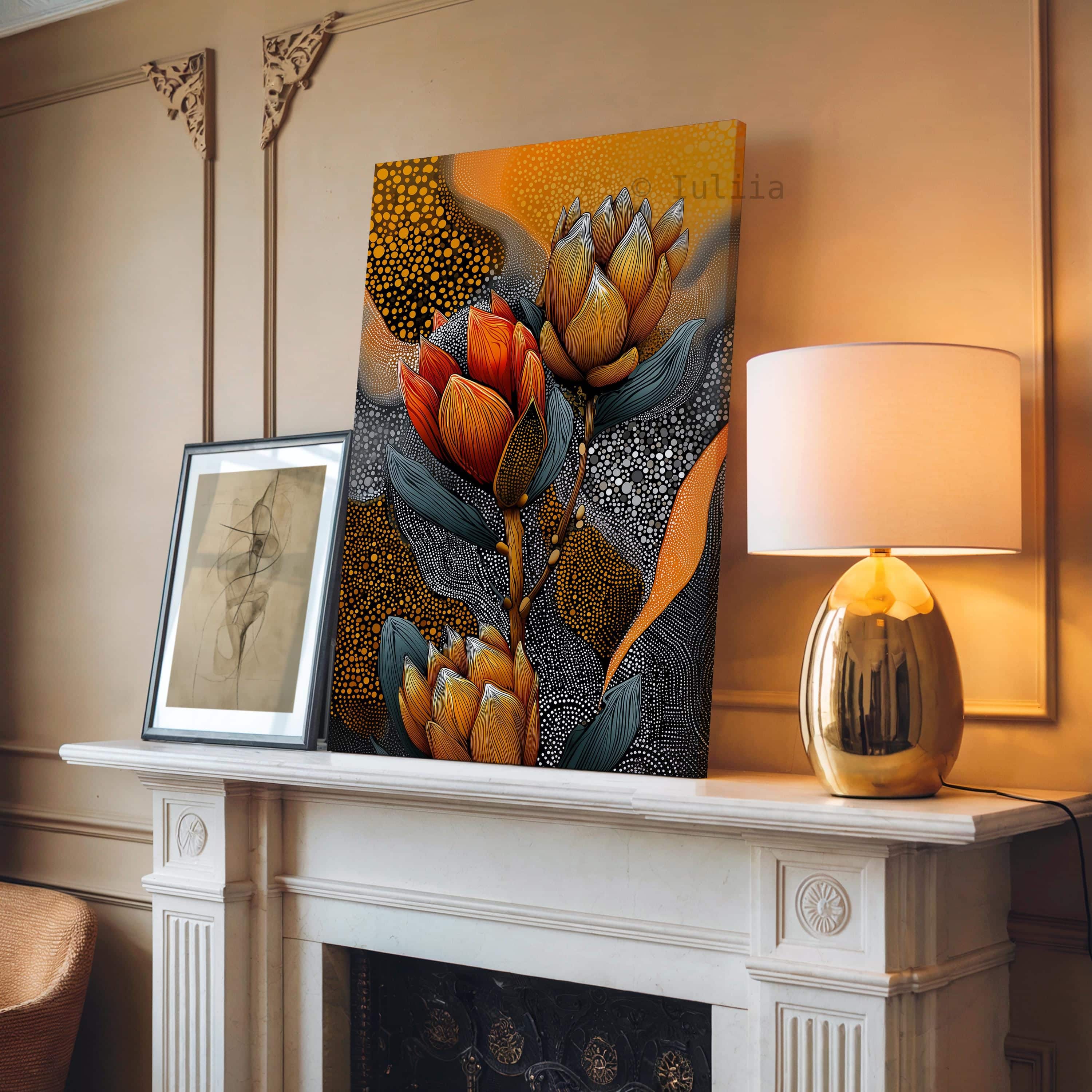 Australian Aboriginal Inspired Protea Flower Canvas – Contemporary Botanical Dot Art Print in Warm Ochre and Charcoal Tones - photo #10
