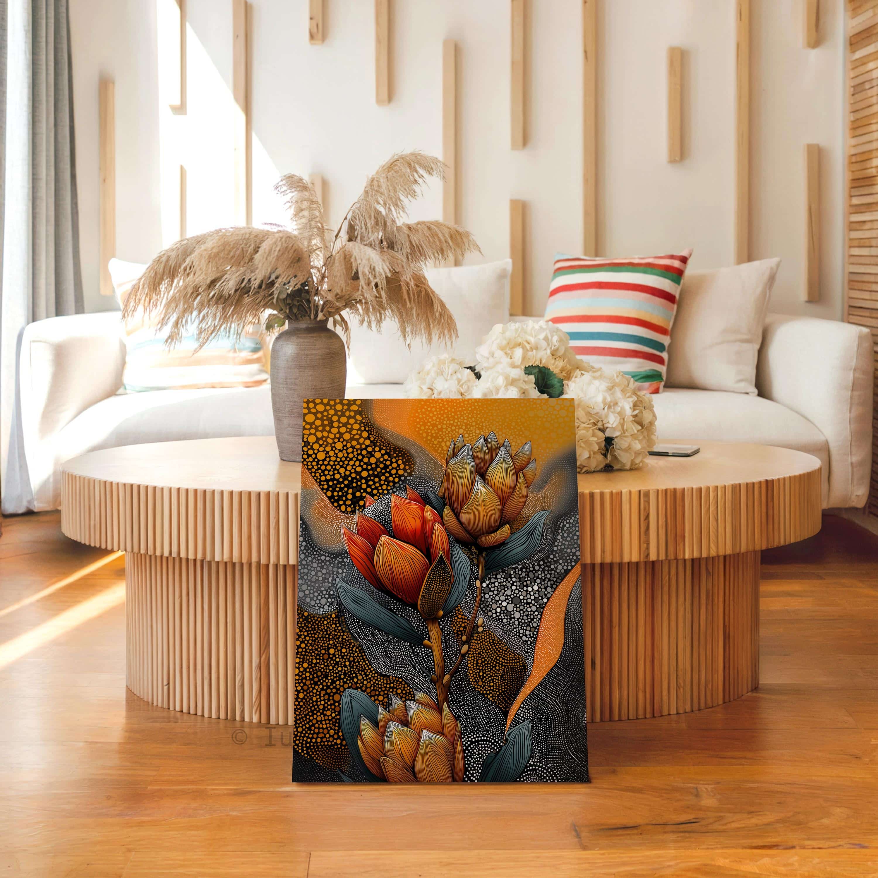 Australian Aboriginal Inspired Protea Flower Canvas – Contemporary Botanical Dot Art Print in Warm Ochre and Charcoal Tones - photo #17
