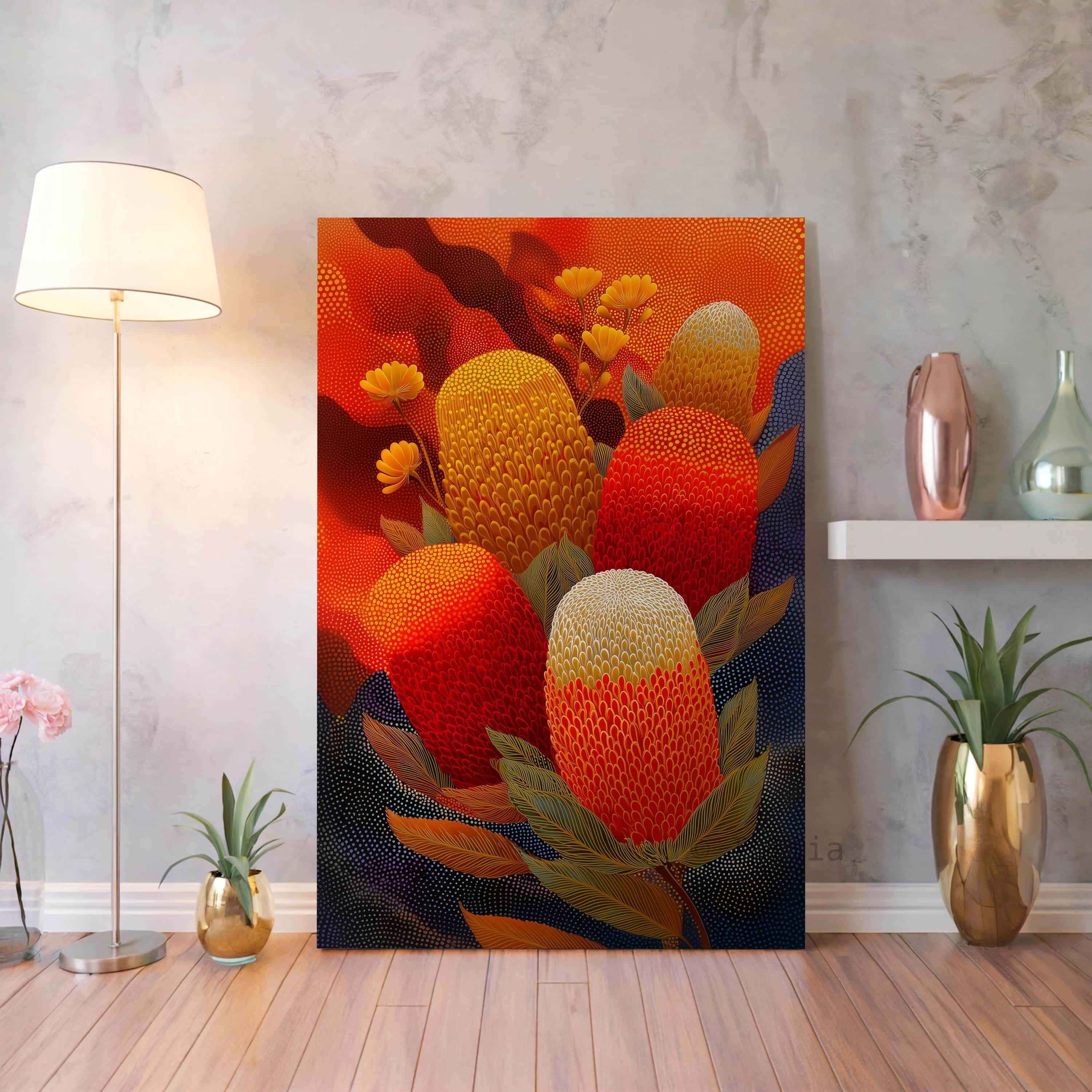 Australian Aboriginal Inspired Banksia Canvas – Bold Native Flower Wall Art in Red, Ochre and Gold Tones, Contemporary Indigenous Style Print - photo #16