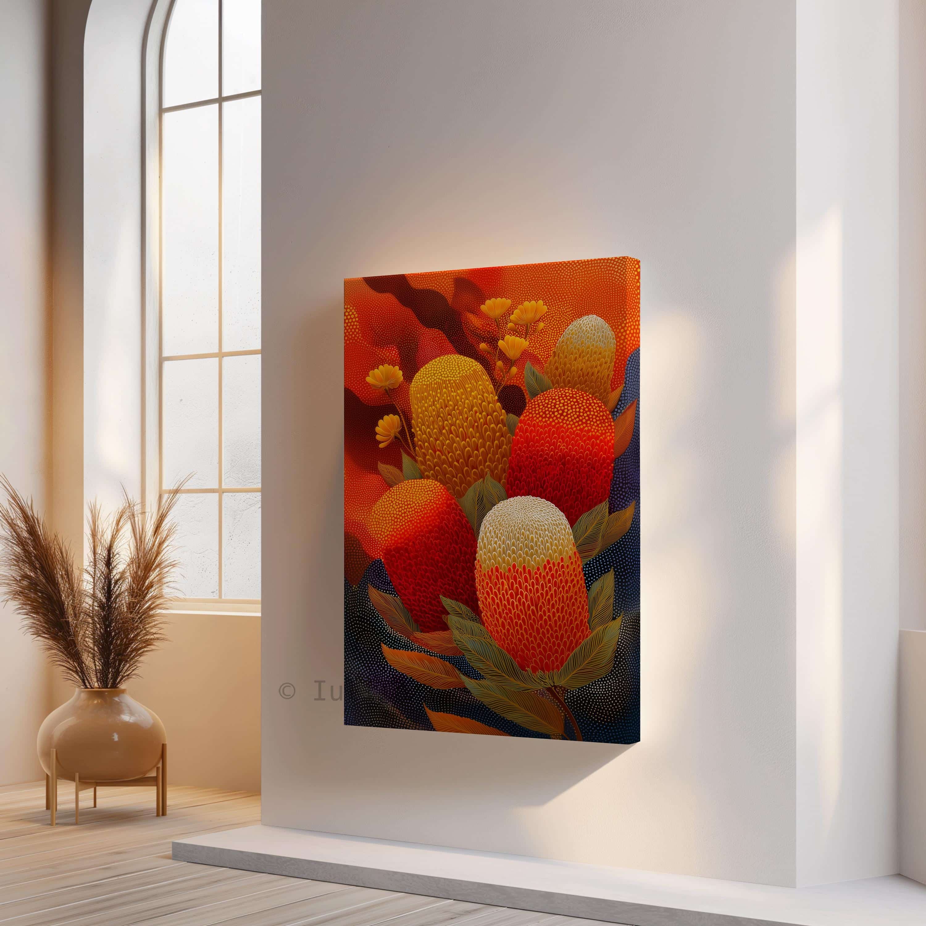 Australian Aboriginal Inspired Banksia Canvas – Bold Native Flower Wall Art in Red, Ochre and Gold Tones, Contemporary Indigenous Style Print - photo #8